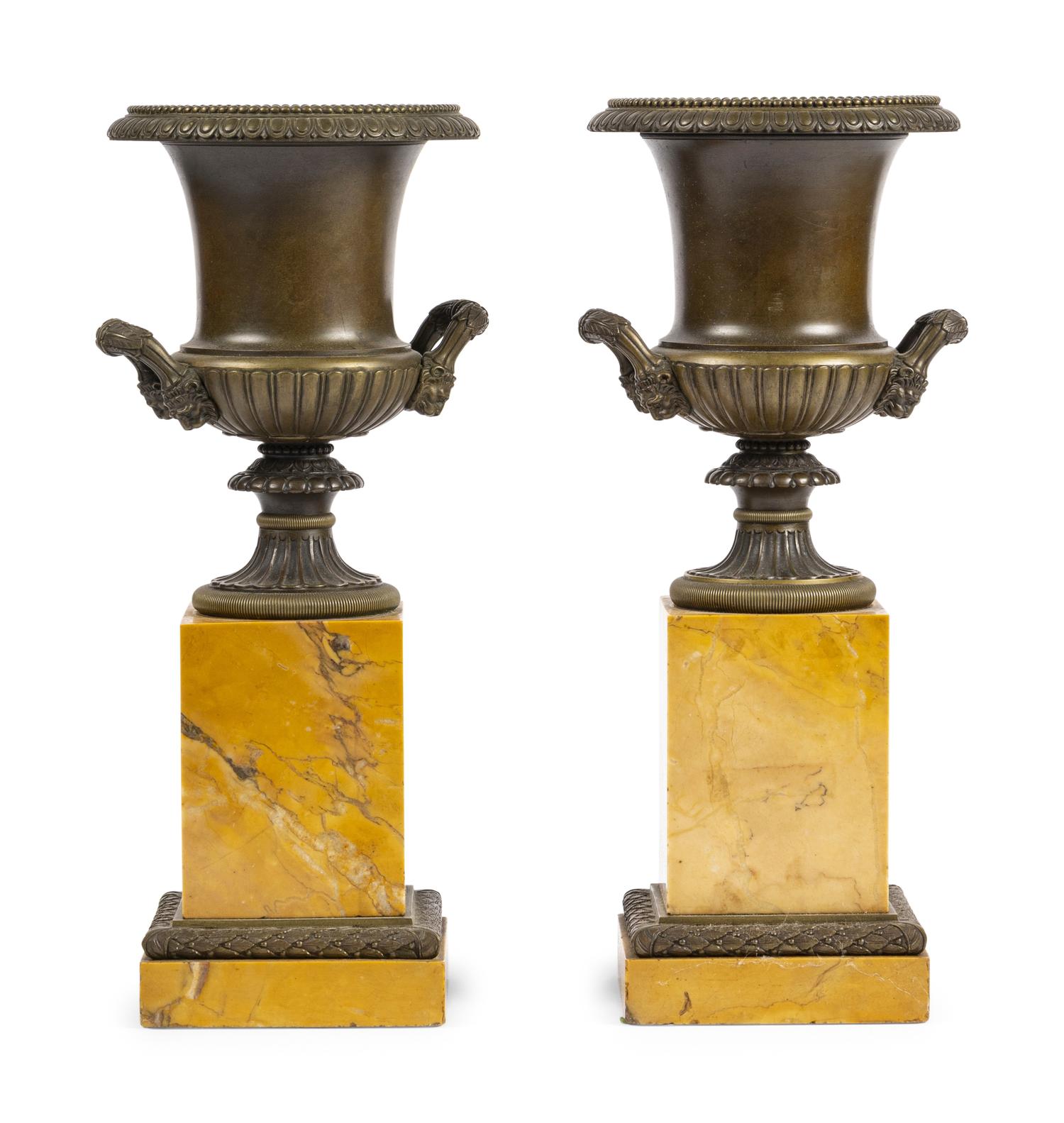 A Pair of Grand Tour Bronze and Marble Urn Ornaments