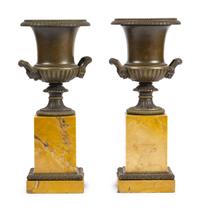 A Pair of Grand Tour Bronze and Marble Urn Ornaments