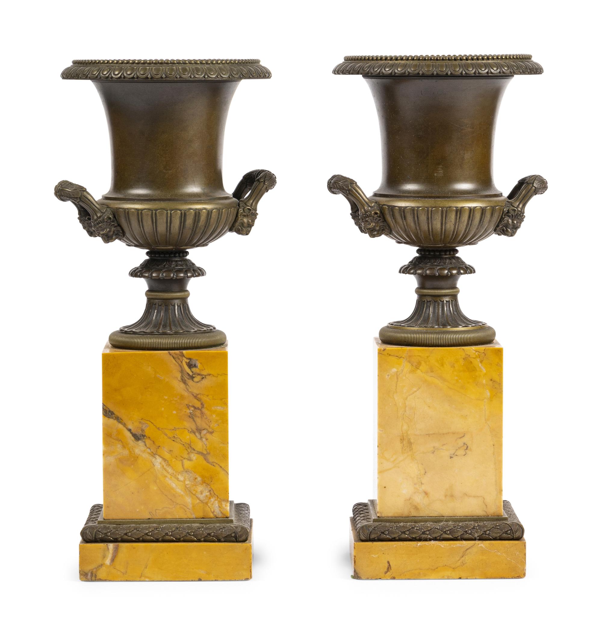 A Pair of Grand Tour Bronze and Marble Urn Ornaments