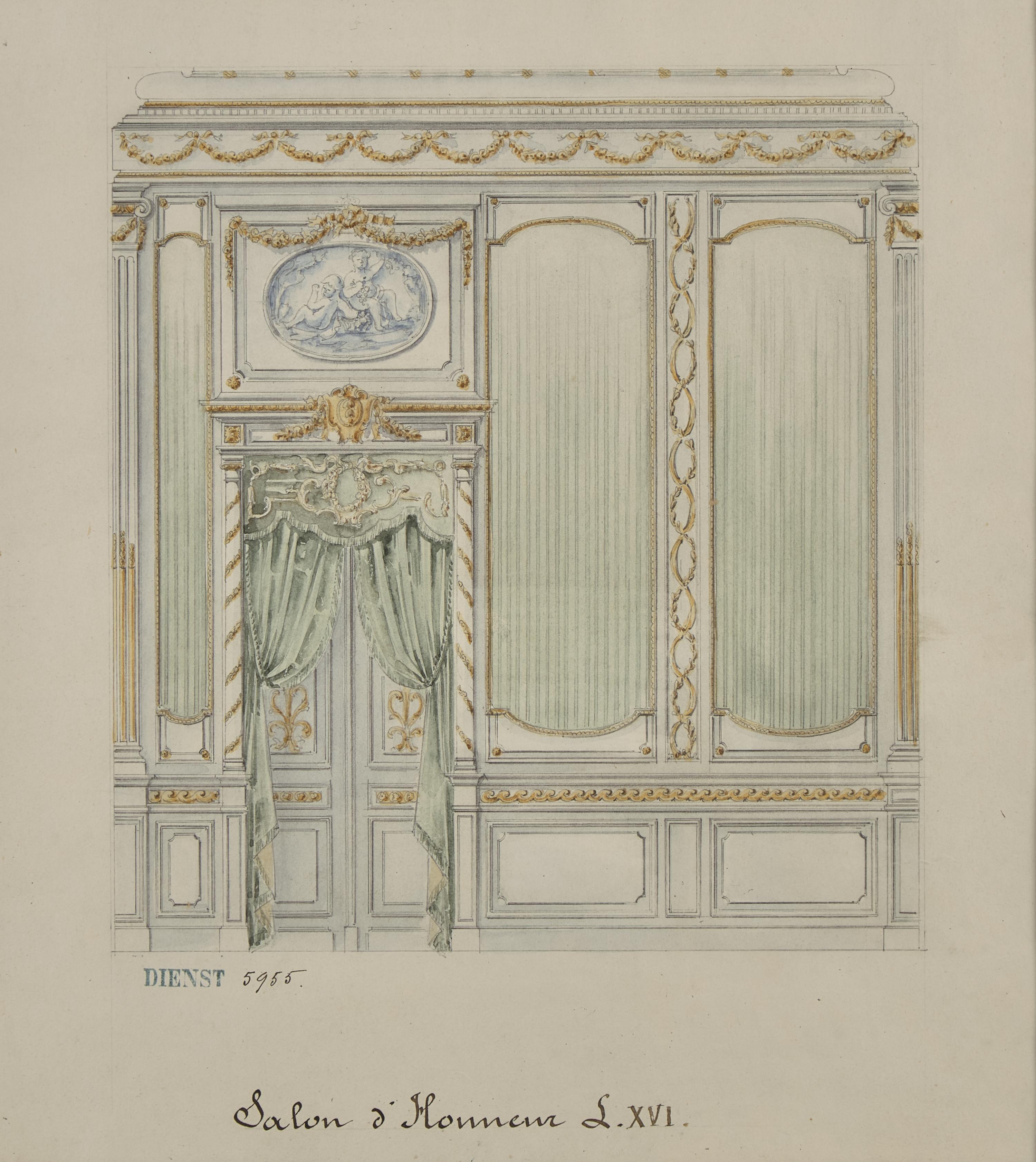 Attributed to Eugène Dienst (French, 19th Century), A Group of Six Hand-Drawn and Painted Studies of French Interiors