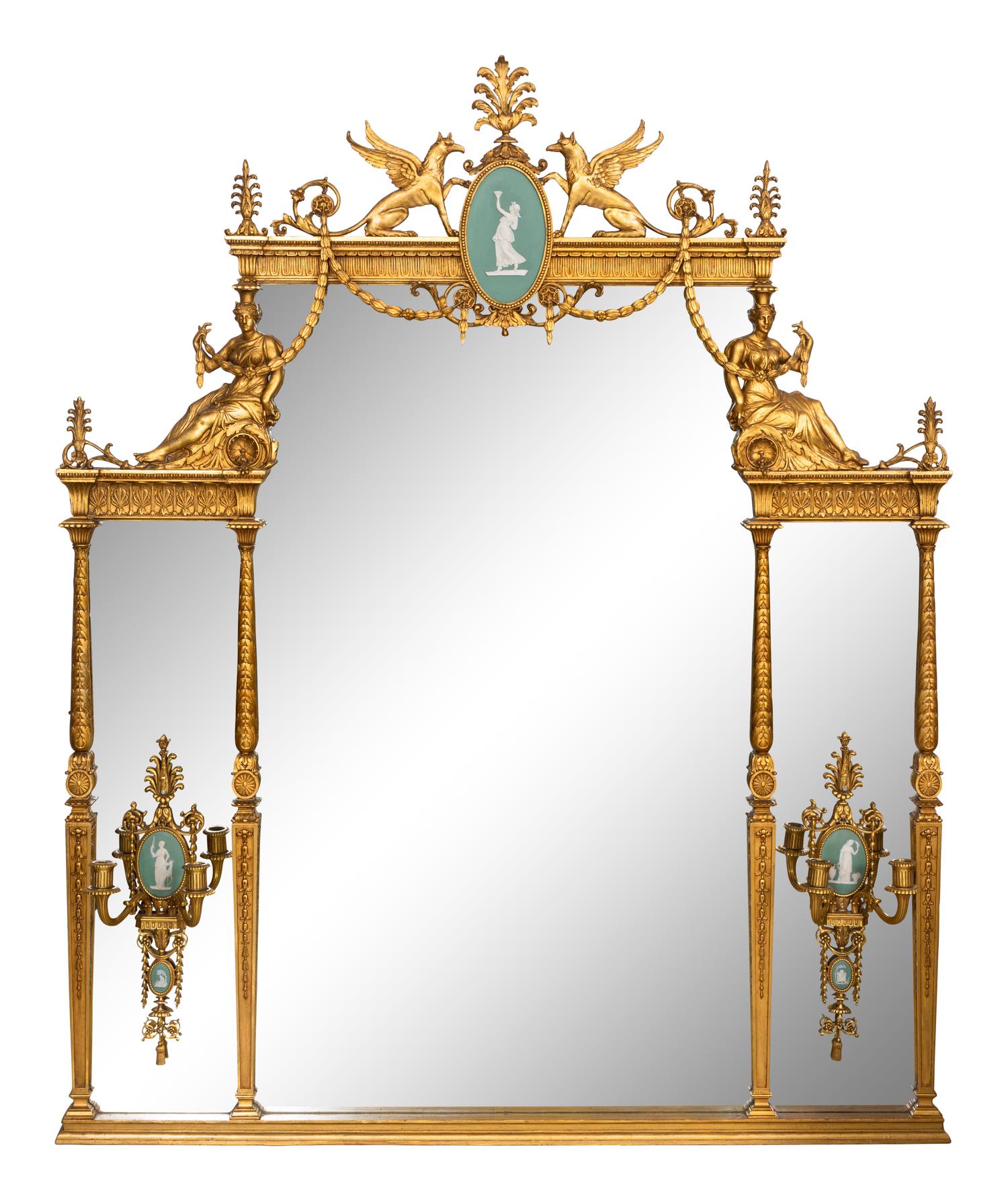 A Fine Edwardian Giltwood and Gesso Overmantel Mirror with Wedgwood-Style Plaques