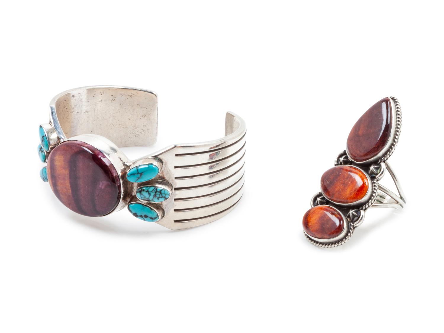 Purple Spiny Oyster Shell and Turquoise Cuff and Ring