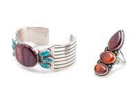 Purple Spiny Oyster Shell and Turquoise Cuff and Ring