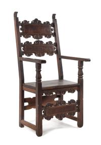 An Italian Baroque Walnut Armchair Height 50 1/2 inches. — 16TH CENTURY WITH LATER ELEMENTS