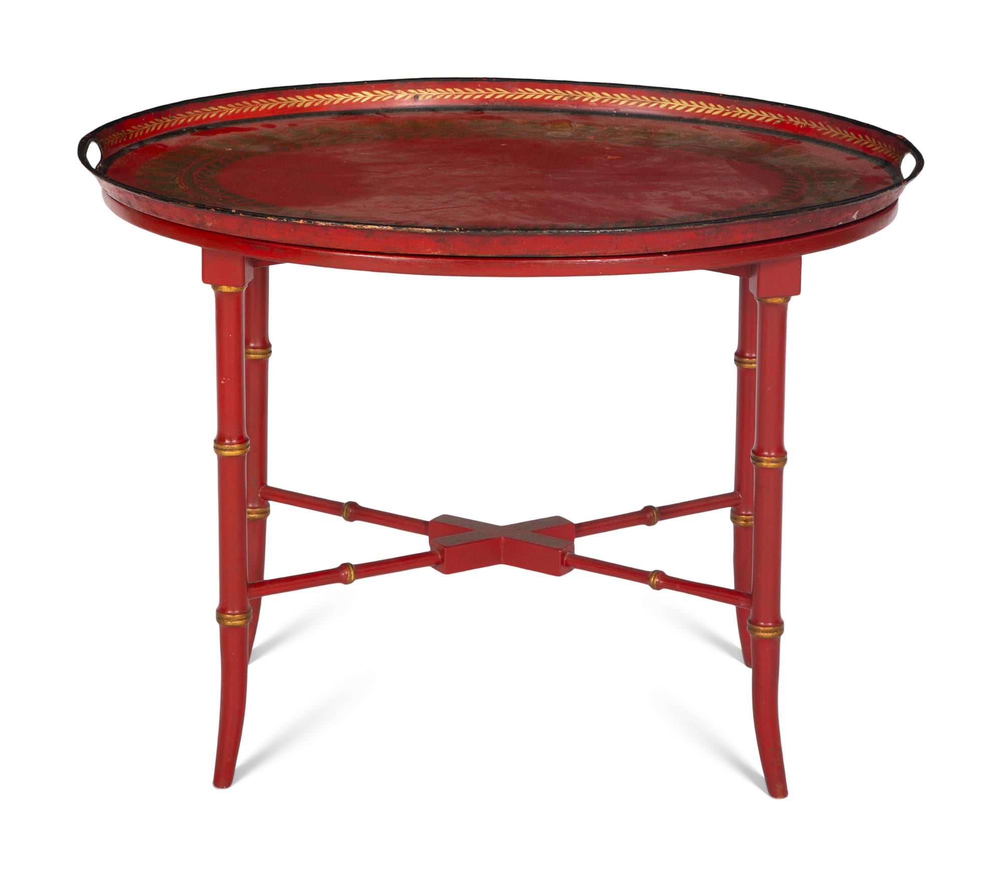 A Victorian Parcel-Gilt Tôle Tray on Stand