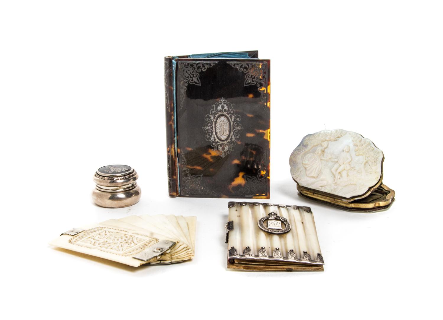A Collection of English Tortoise Shell or Ivory Pocket Articles, Width of widest overall 4 3/4 inches.