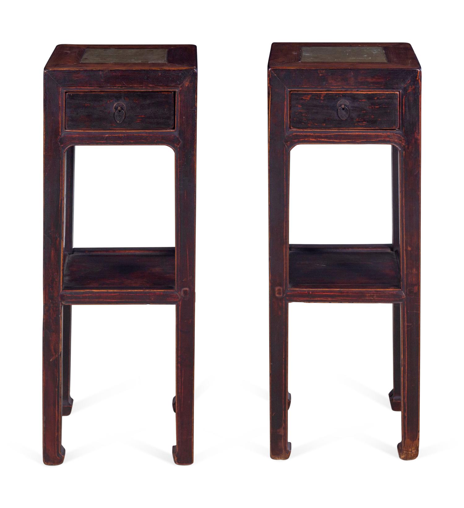 A Chinese Carved One Drawer Marble Inset Jardinière Stand