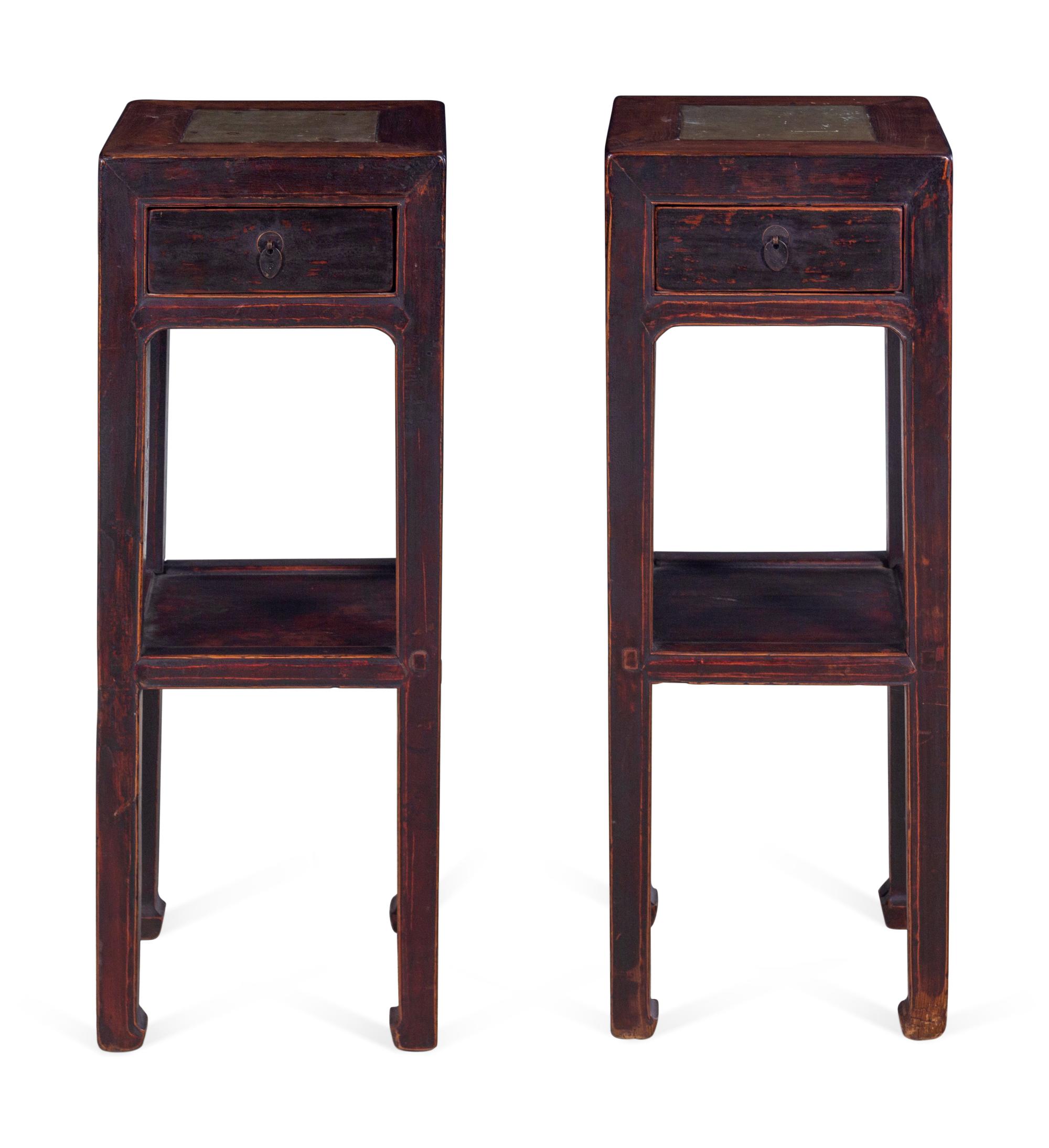 A Chinese Carved One Drawer Marble Inset Jardinière Stand