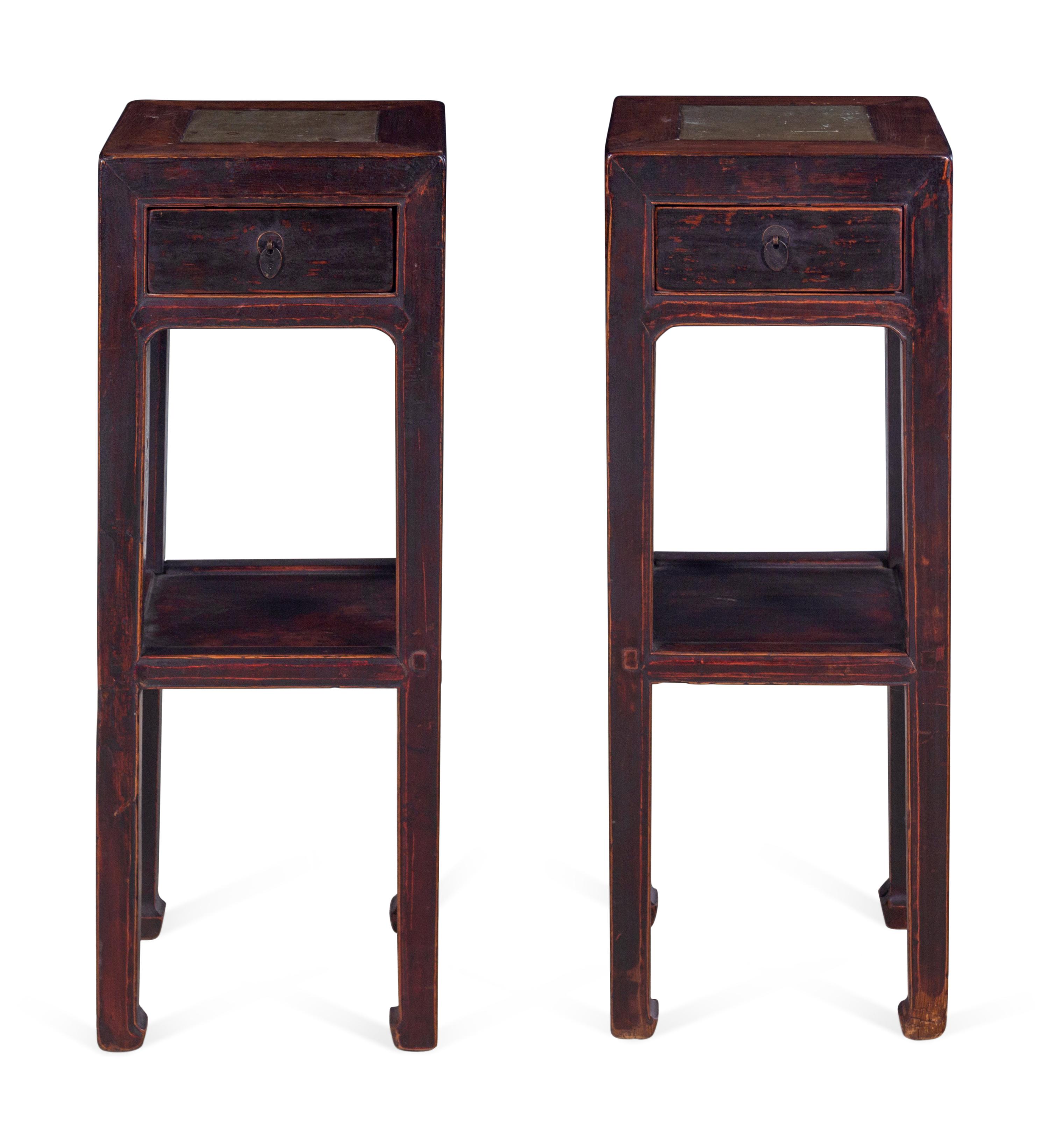 A Chinese Carved One Drawer Marble Inset Jardinière Stand