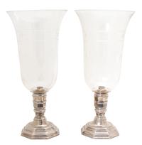 A Pair of Etched Glass and Weighted Silverplate Hurricane Lamps Height 17 1/2 inches. — 20TH CENTURY