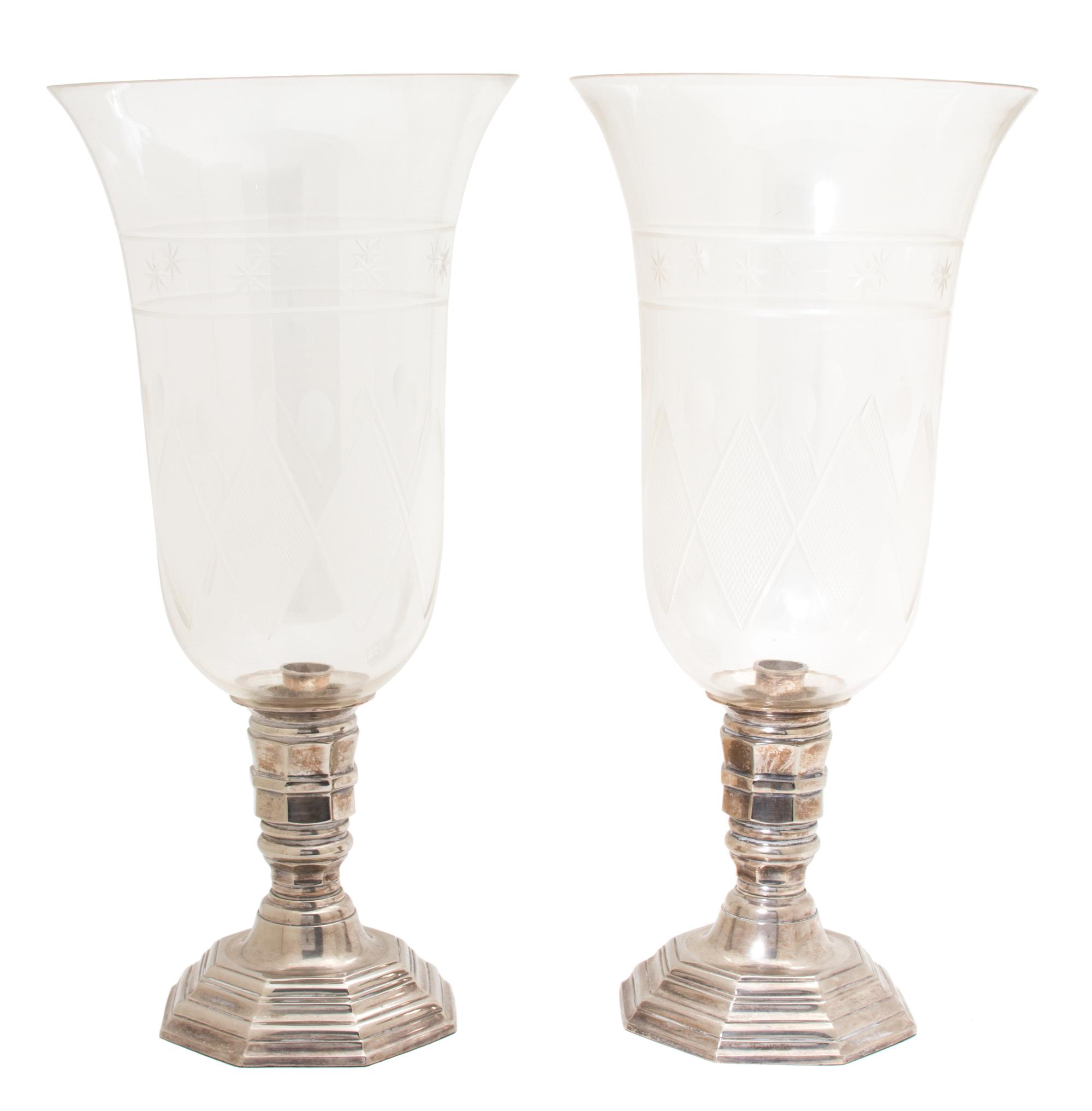 A Pair of Etched Glass and Weighted Silverplate Hurricane Lamps Height 17 1/2 inches. — 20TH CENTURY