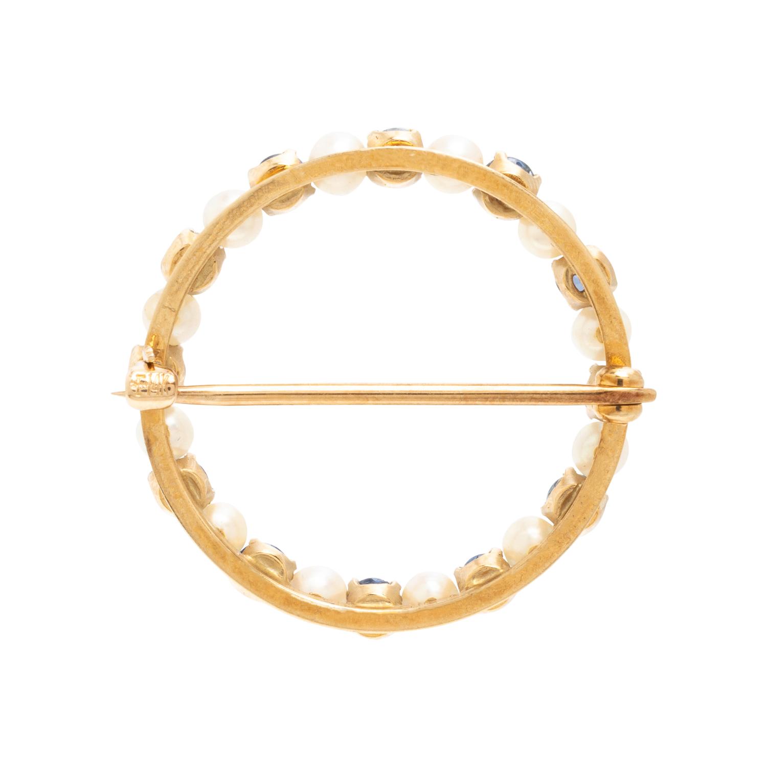 Fisher & Co., Sapphire, Cultured Pearl, and Yellow Gold Brooch and Earrings Set