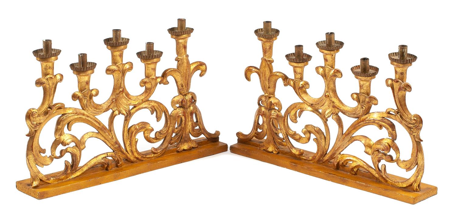 A Pair of Painted and Giltwood Five-Light Altar Candelabra Width 30 inches. — 19TH CENTURY