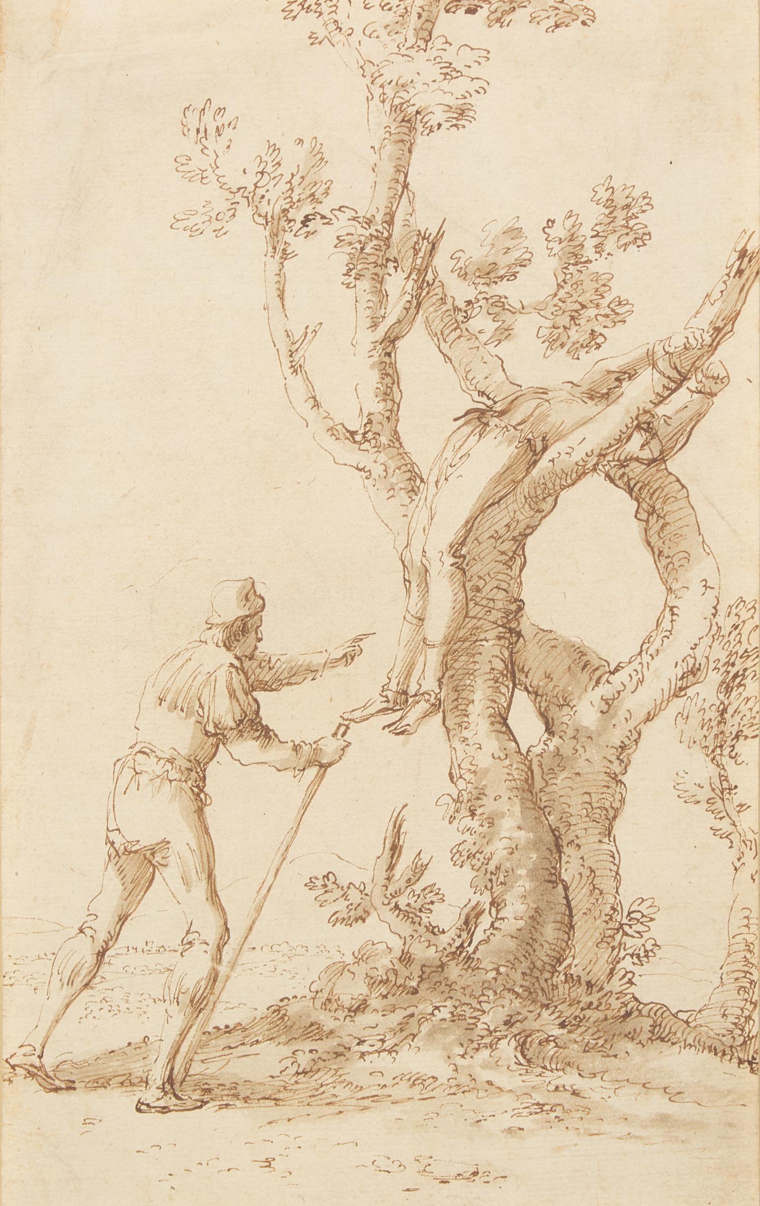 A Figure Tied to a Tree discovered by a Man Walking