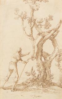 A Figure Tied to a Tree discovered by a Man Walking