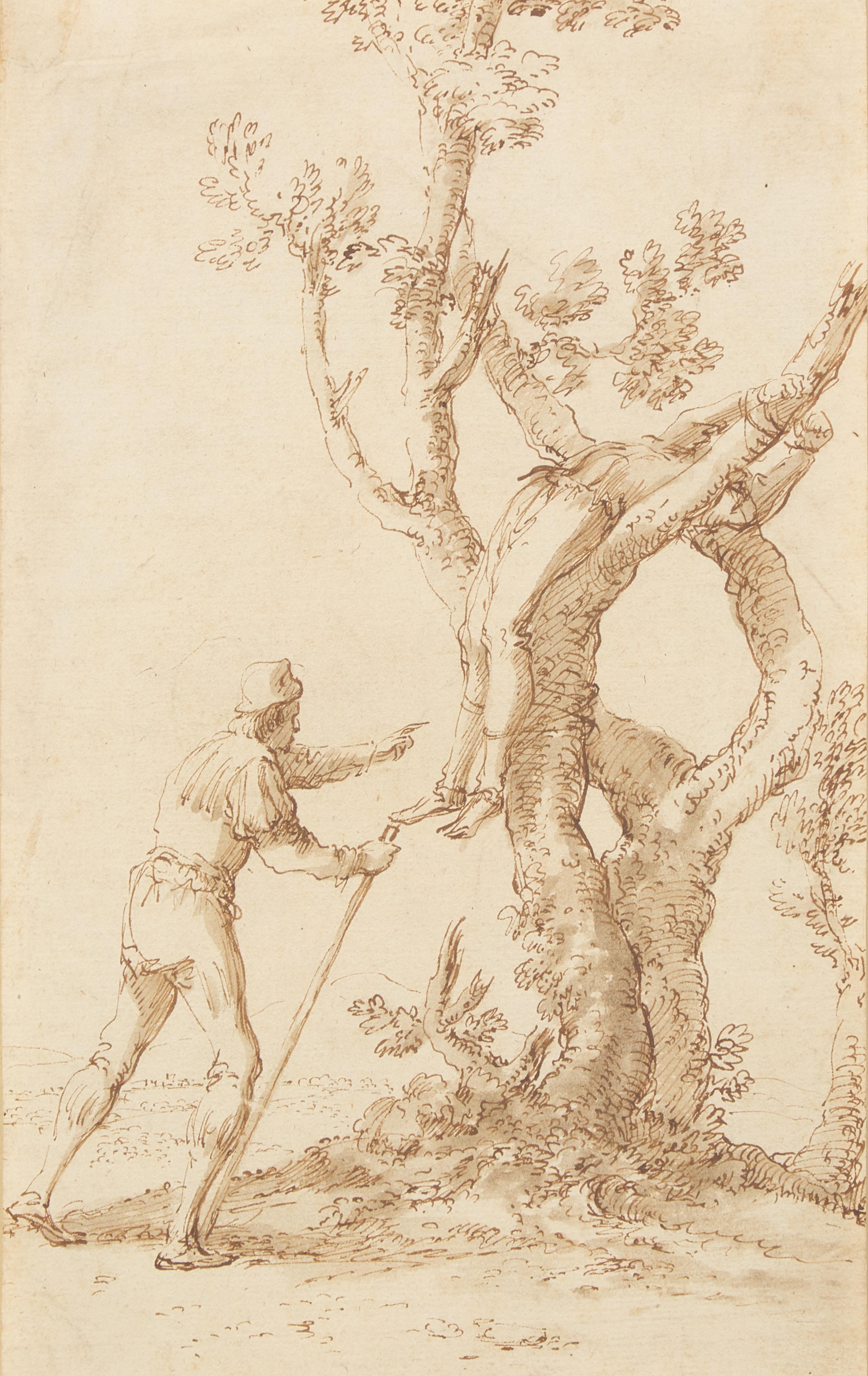 A Figure Tied to a Tree discovered by a Man Walking