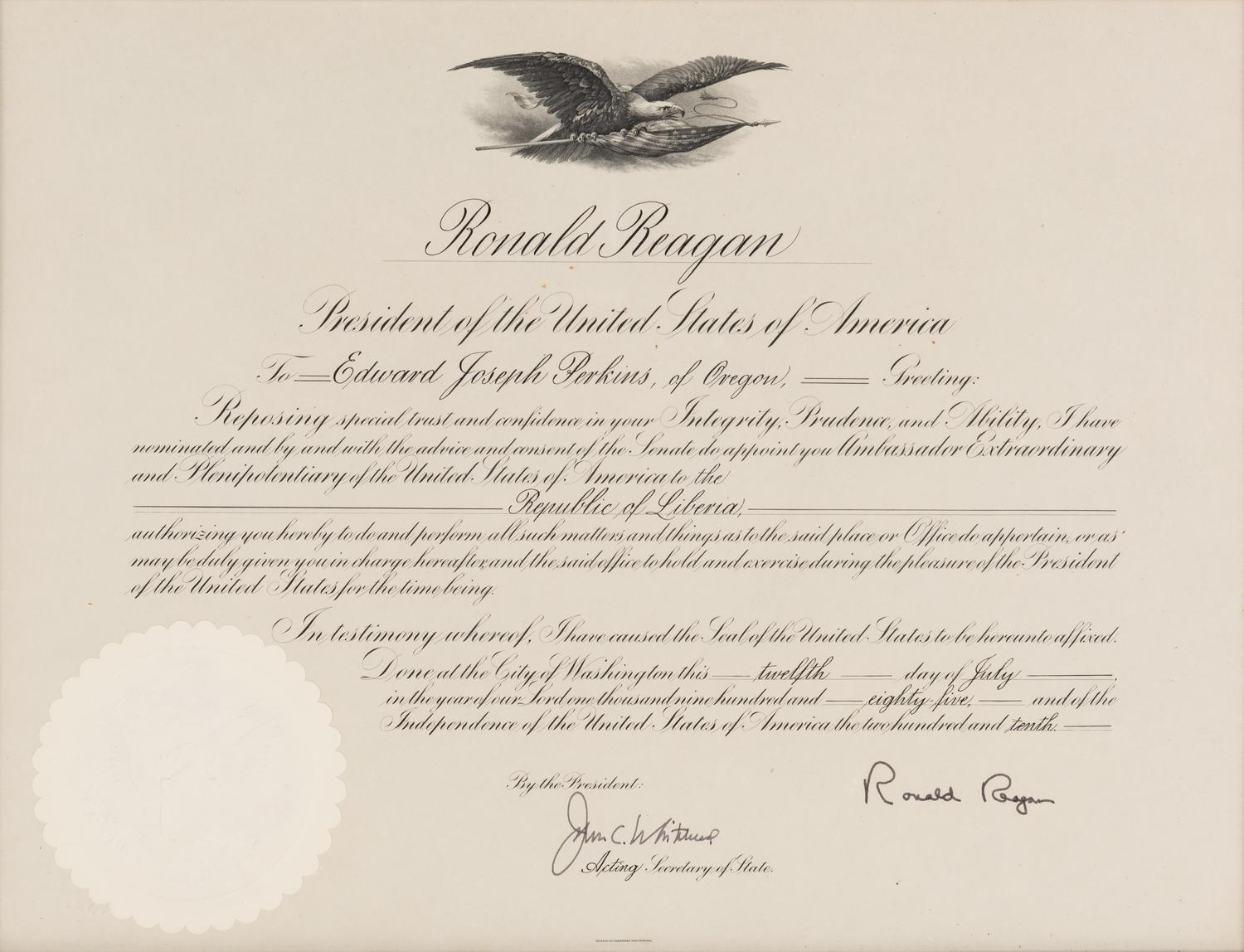 [PERKINS, Edward Joseph (1928-2020)]. A group of 9 documents or photographs by Presidents Nixon, Reagan, or Bush to Perkins, presumably with secretarial or facsimile signatures, including: