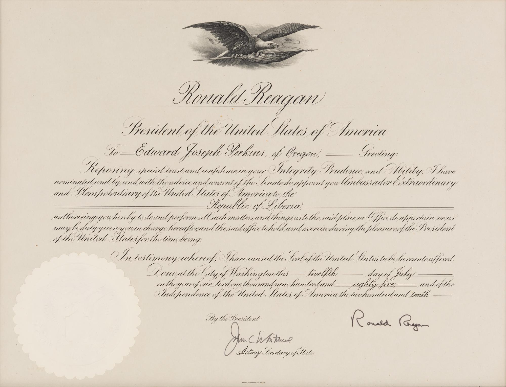 [PERKINS, Edward Joseph (1928-2020)]. A group of 9 documents or photographs by Presidents Nixon, Reagan, or Bush to Perkins, presumably with secretarial or facsimile signatures, including: