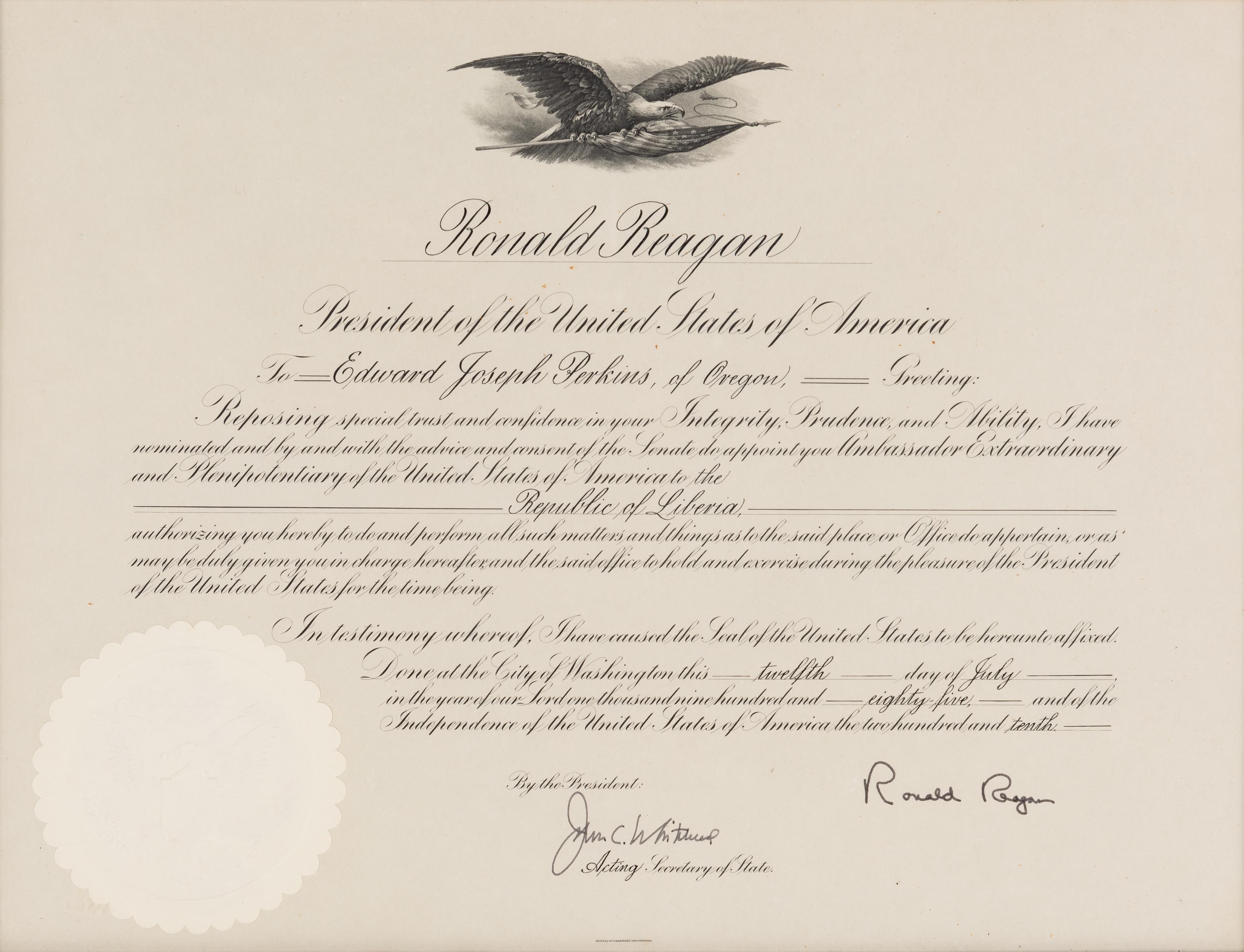 [PERKINS, Edward Joseph (1928-2020)]. A group of 9 documents or photographs by Presidents Nixon, Reagan, or Bush to Perkins, presumably with secretarial or facsimile signatures, including: