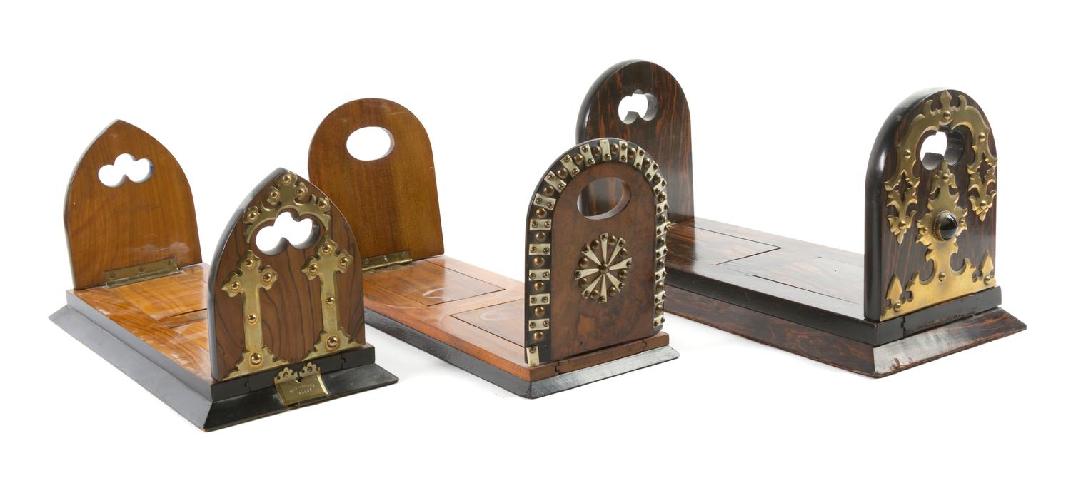An English Burlwood and Brass Banded Collapsible Book Stand, Betjemann's, Width of first 13 1/2 inches (expanded).