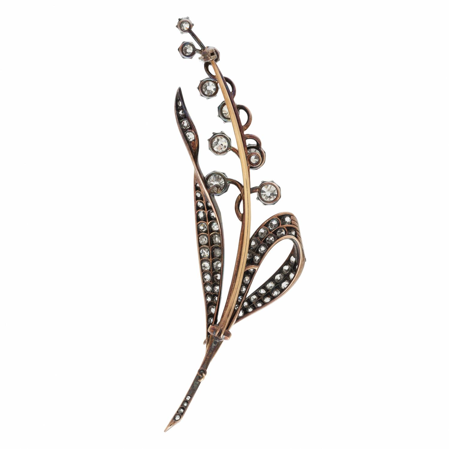 VICTORIAN, DIAMOND AND SILVER-TOPPED GOLD LILY OF THE VALLEY BROOCH