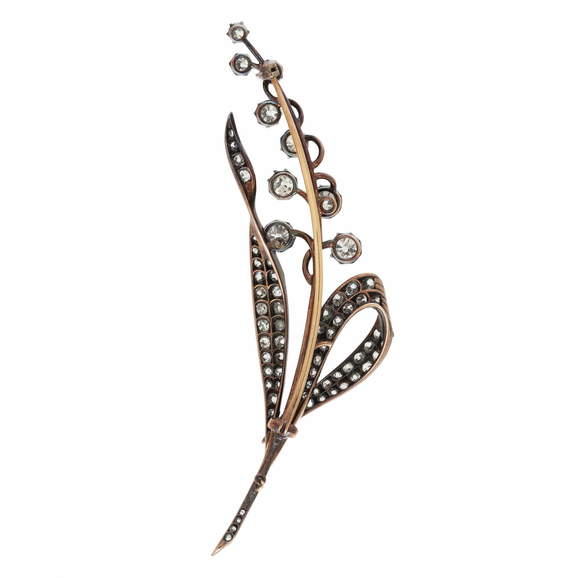 VICTORIAN, DIAMOND AND SILVER-TOPPED GOLD LILY OF THE VALLEY BROOCH