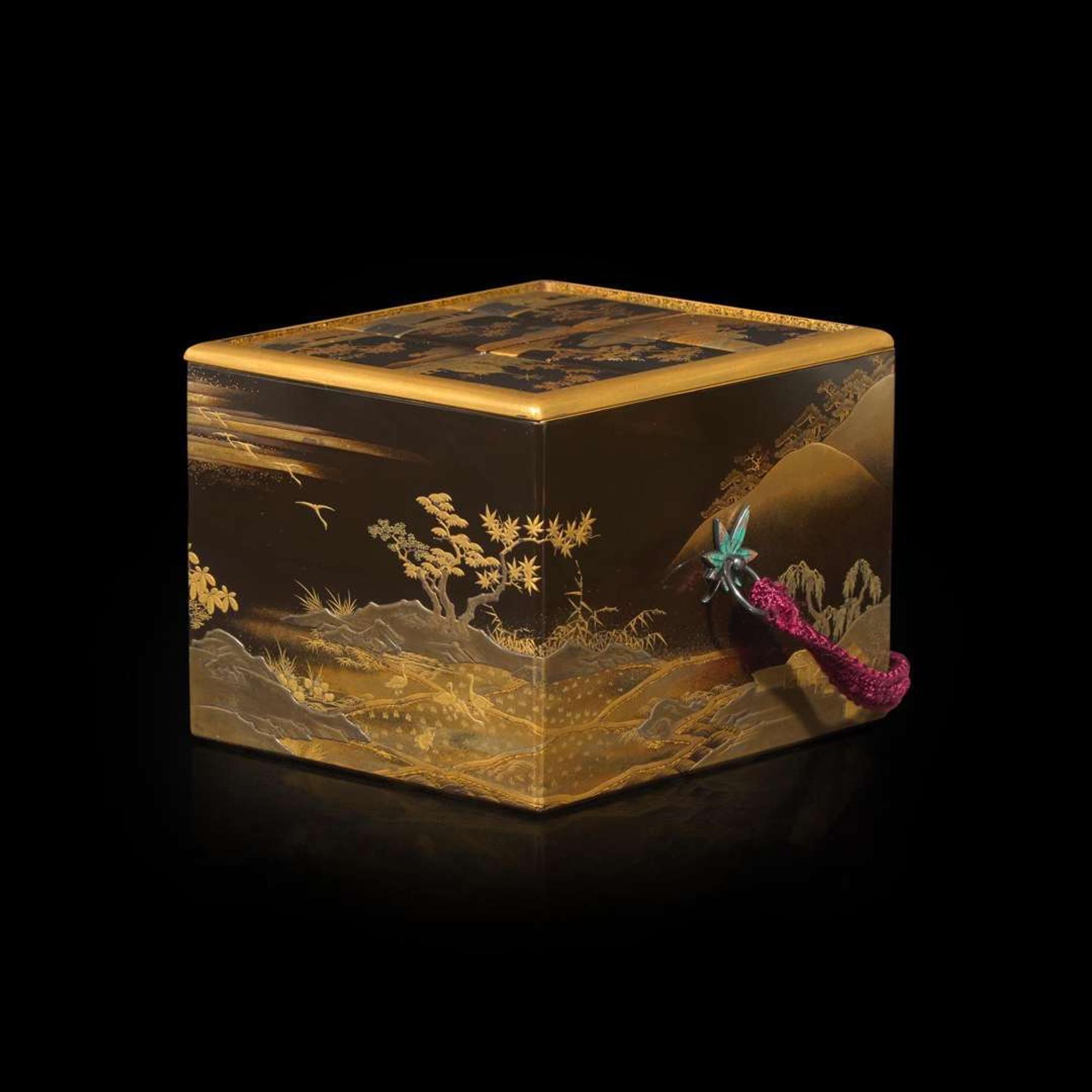 A Japanese lacquer fitted incense game box decorated with rider and attendant on a shore 日本时绘漆盒一件 Meiji period ??