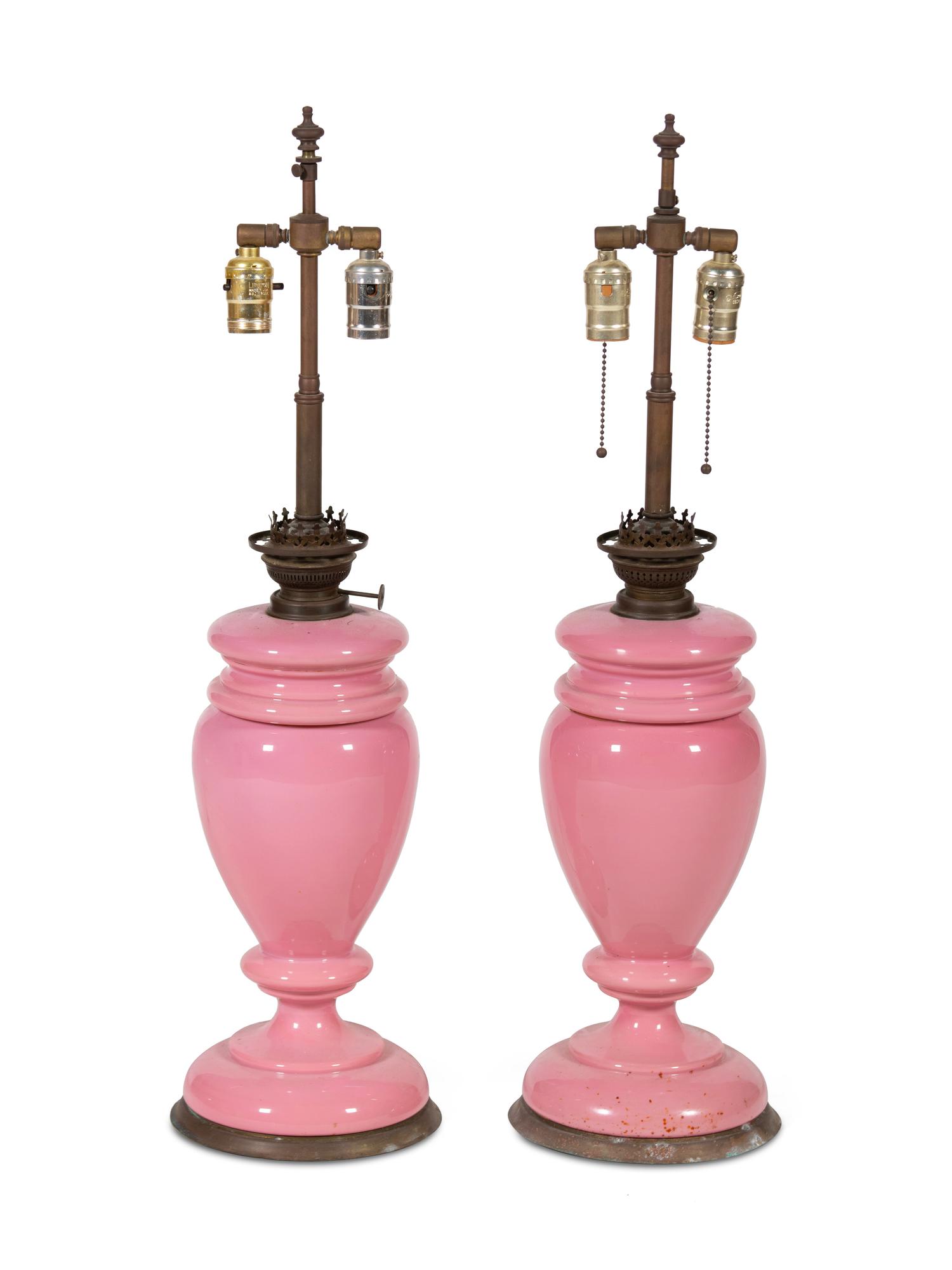A Pair of Pink Opaque Glass Table Lamps — 20TH CENTURY