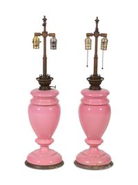 A Pair of Pink Opaque Glass Table Lamps — 20TH CENTURY