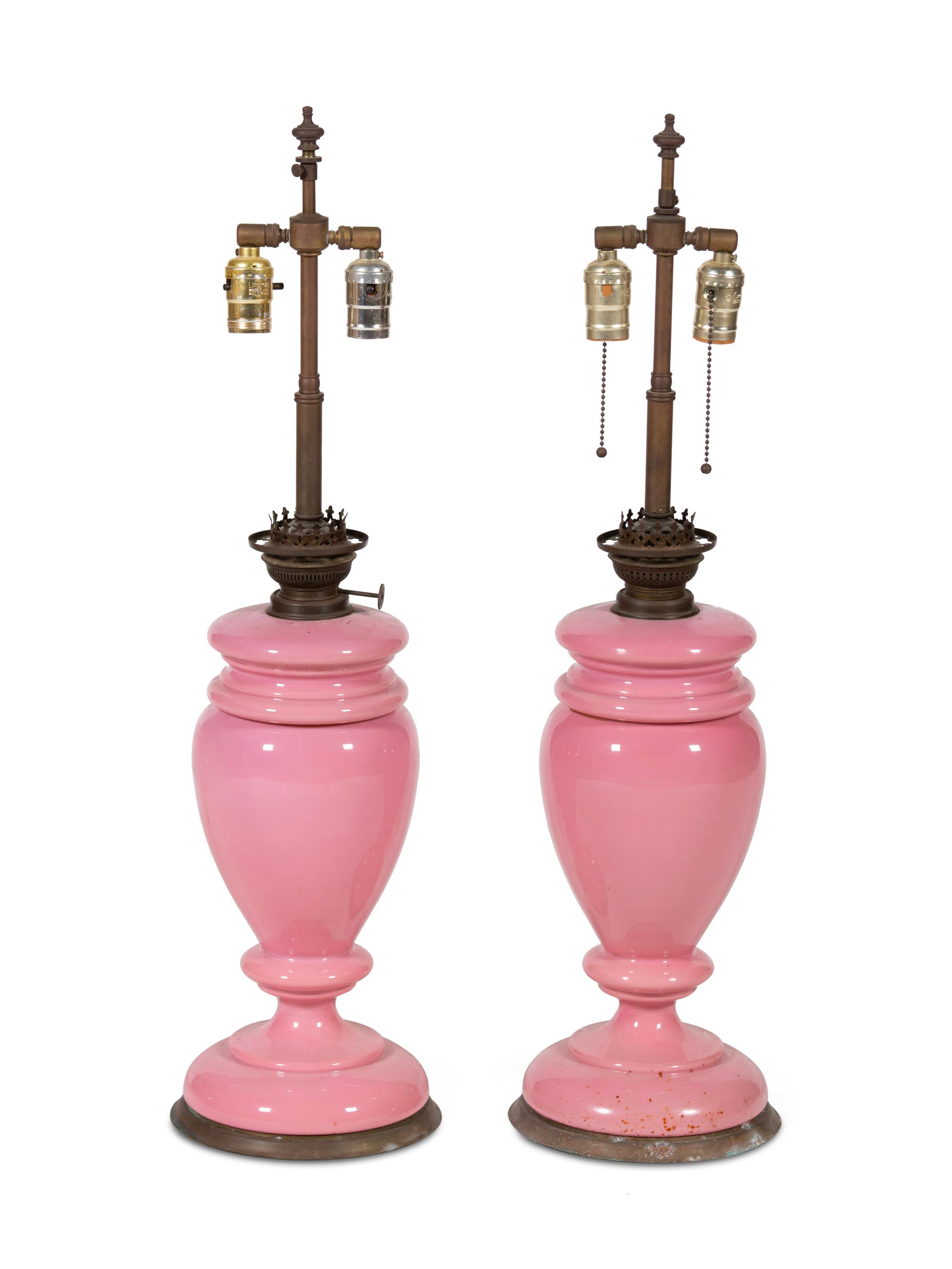 A Pair of Pink Opaque Glass Table Lamps — 20TH CENTURY