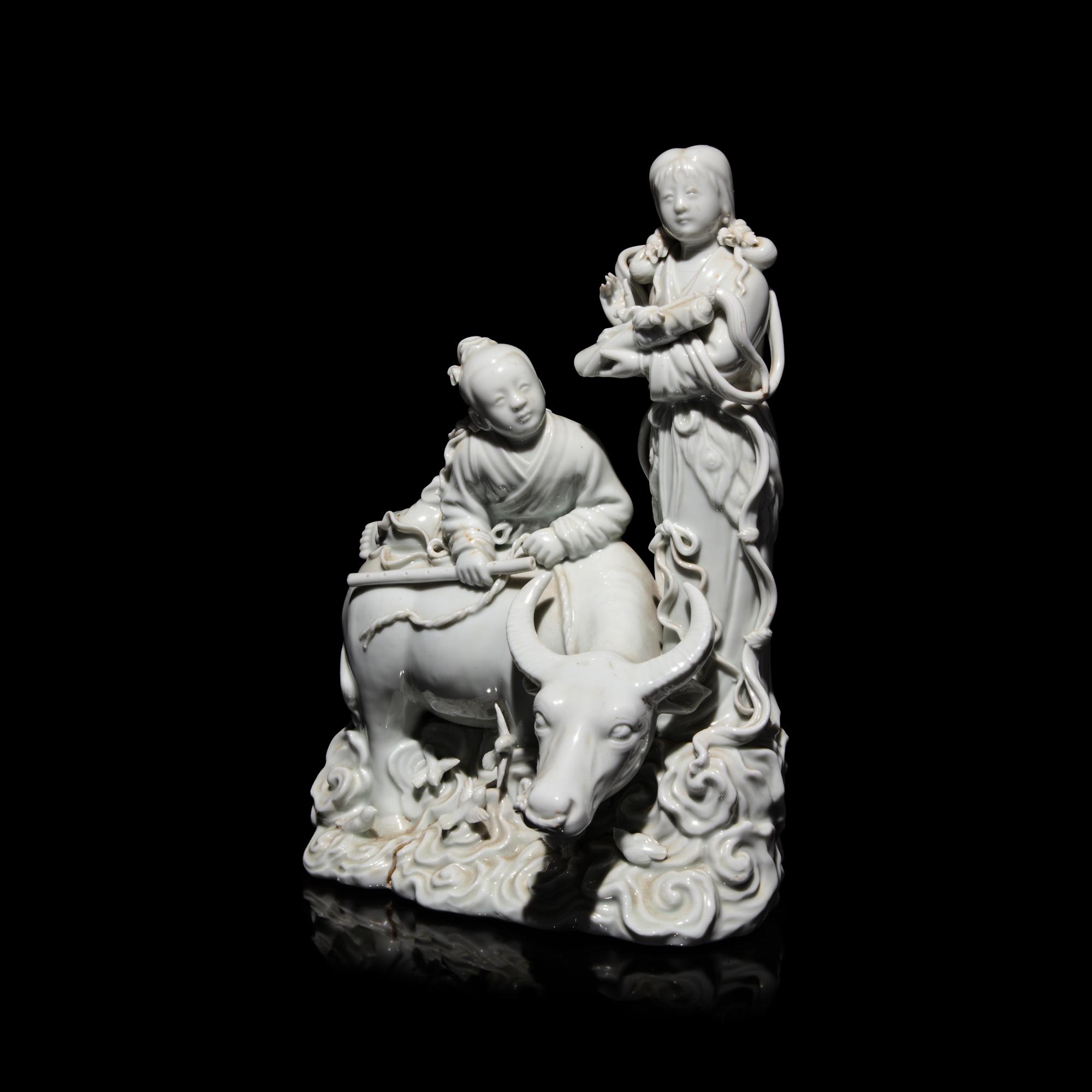 A Chinese Blanc de Chine Figural Group of the Weaver Girl and Herd Boy