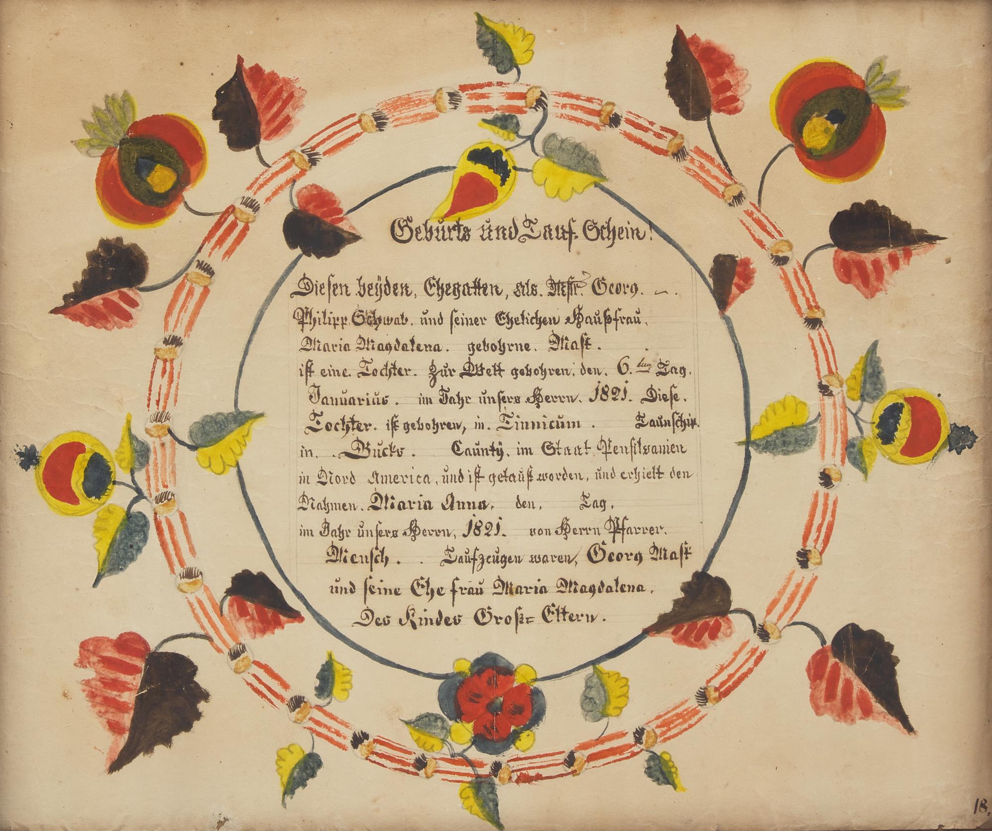 Attributed to Henry Wetzel (The Dotted One Artist, active 1810-1845), A Birth Record for Maria Anna Schwab