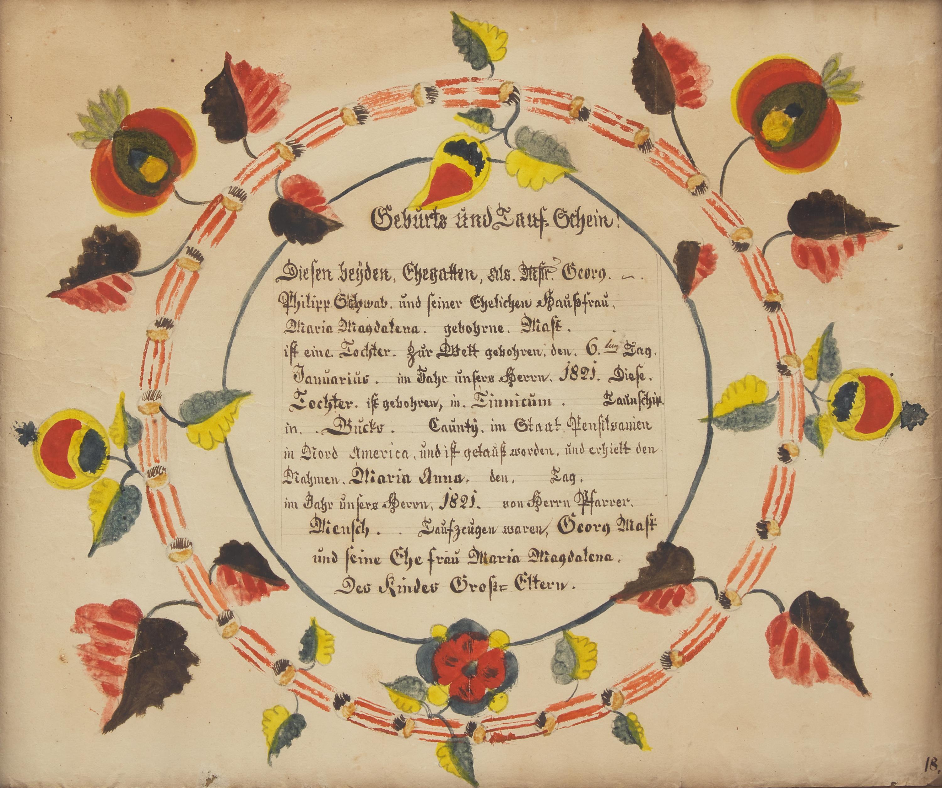 Attributed to Henry Wetzel (The Dotted One Artist, active 1810-1845), A Birth Record for Maria Anna Schwab