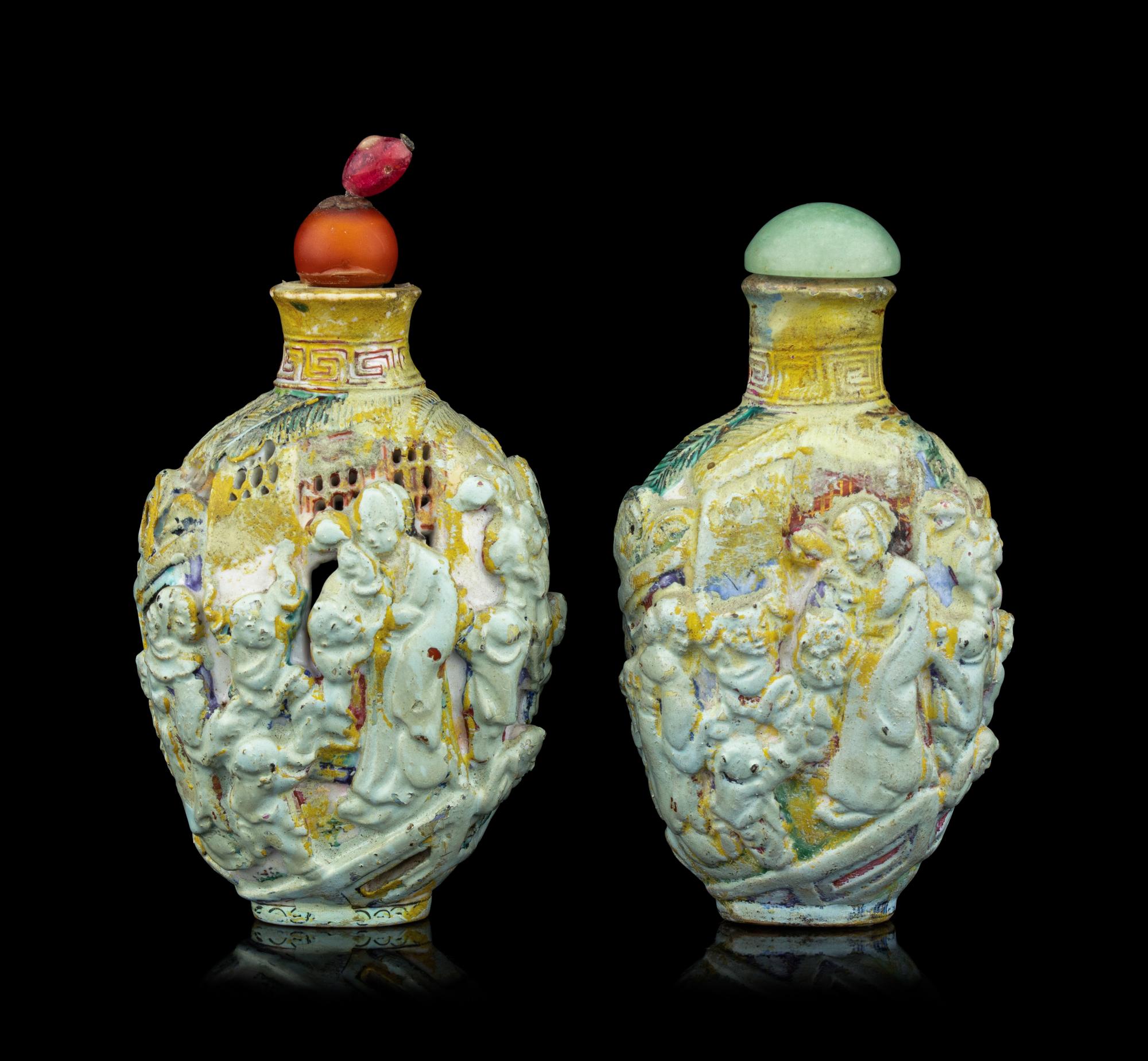 Two Chinese Molded Porcelain Snuff Bottles