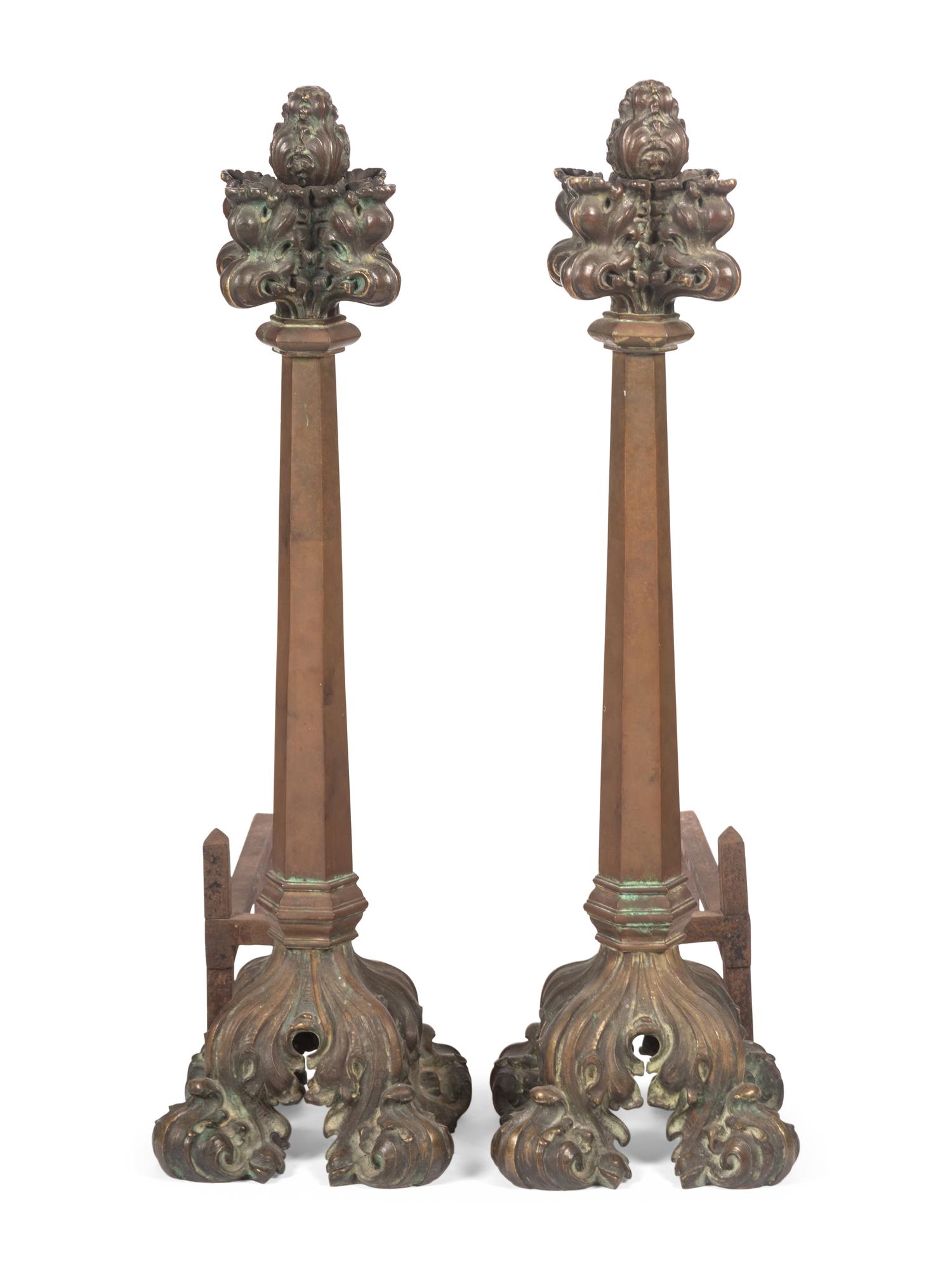 A Pair of Gothic Style Bronze Andirons
