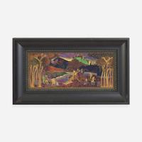 A Wedgwood Black Fairyland Lustre "Picnic by a River" Plaque UK, circa 1920