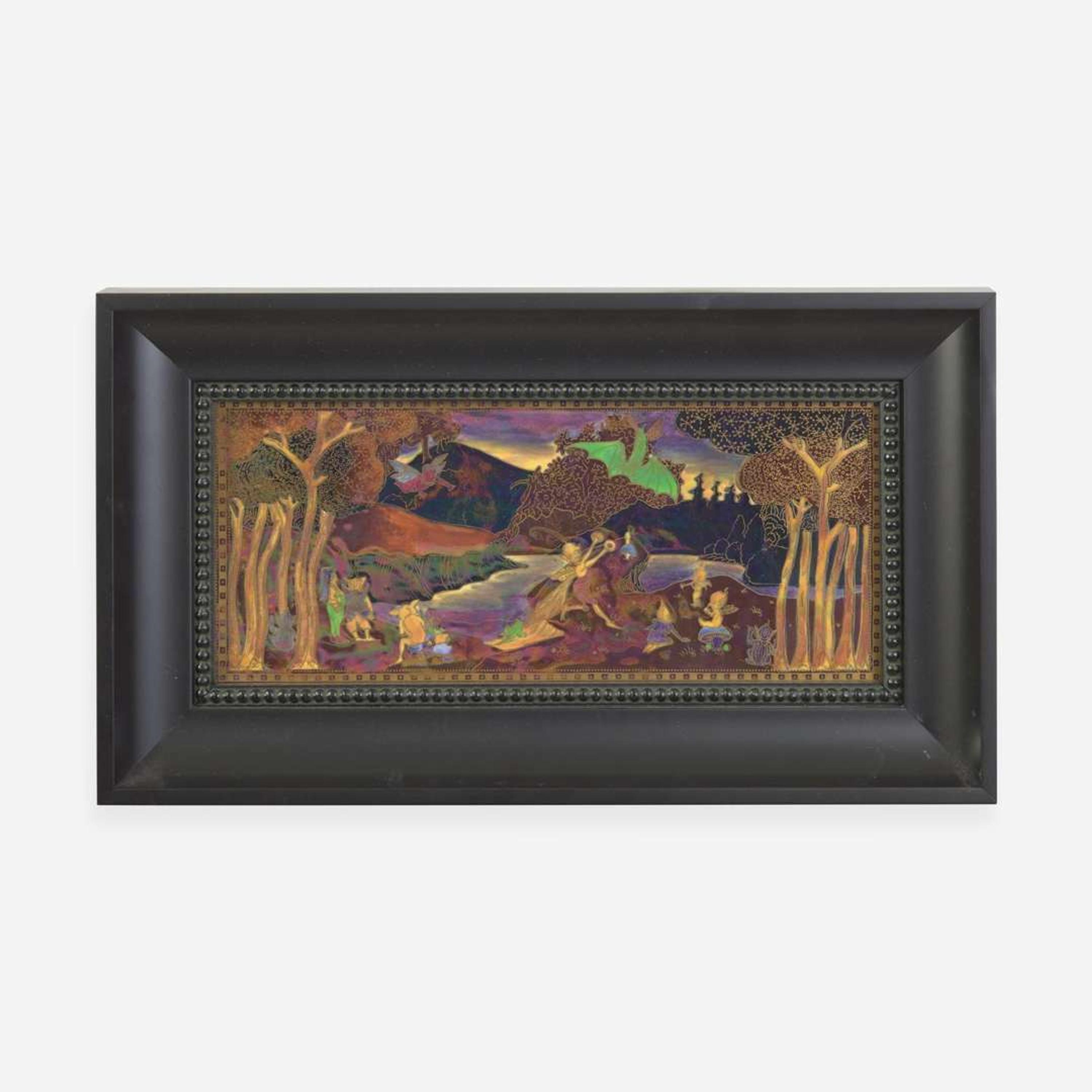 A Wedgwood Black Fairyland Lustre "Picnic by a River" Plaque UK, circa 1920