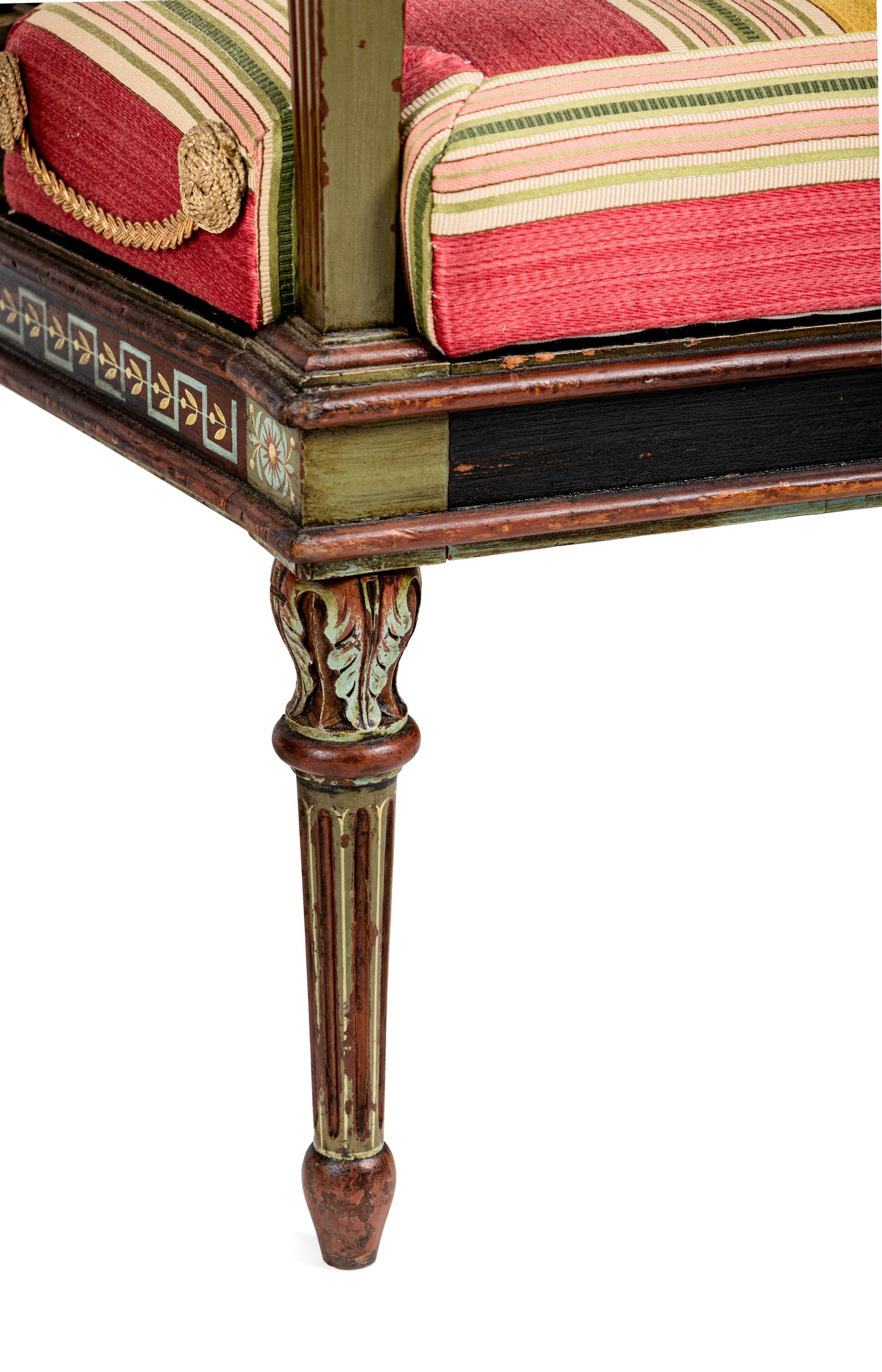 A Pair of North Italian Neoclassical Bronze Mounted Polychrome Painted Armchairs