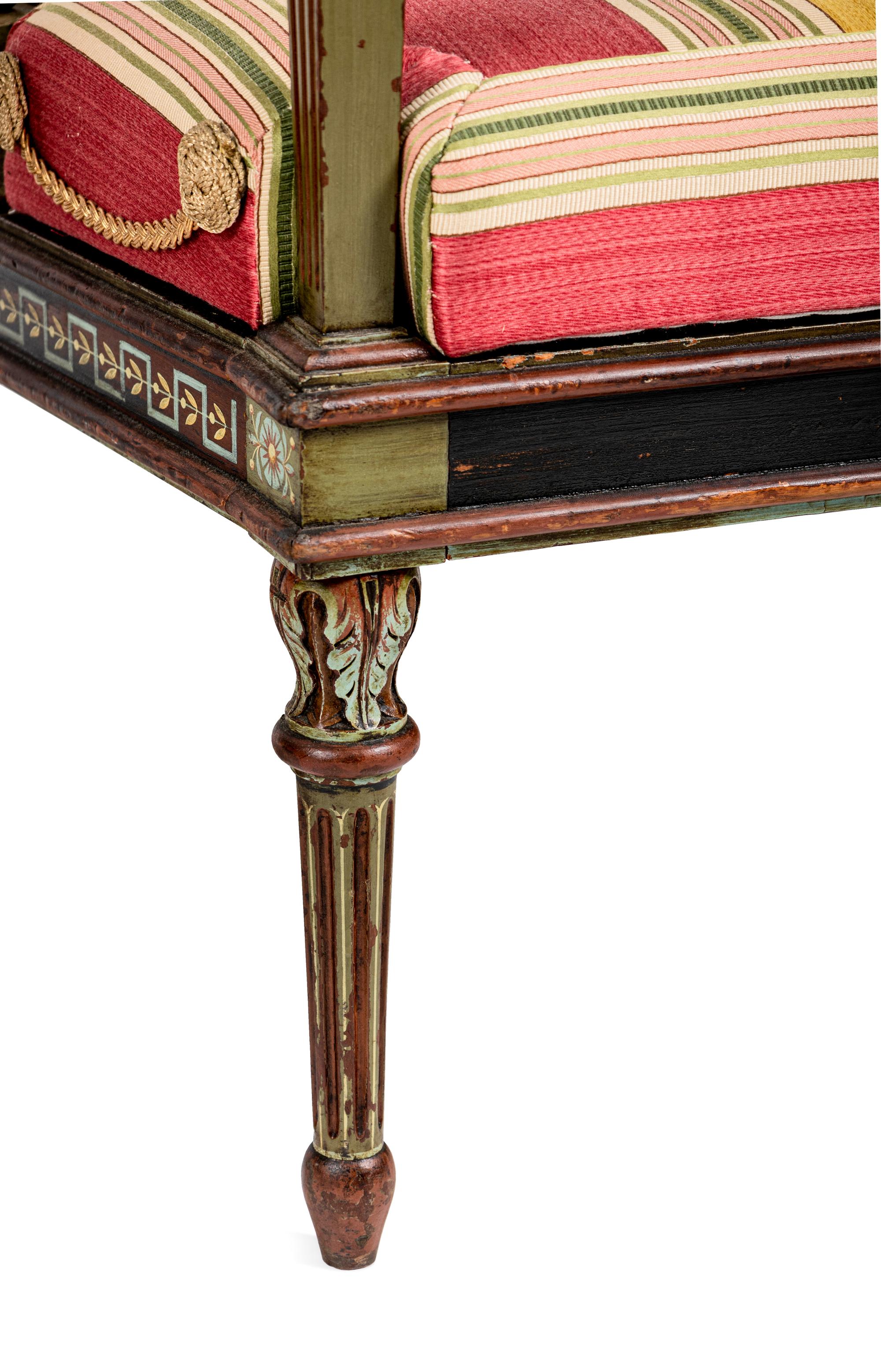 A Pair of North Italian Neoclassical Bronze Mounted Polychrome Painted Armchairs
