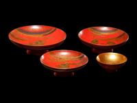 A Set of Three Japanese Gilt Decorated Red Lacquered Stem Dishes