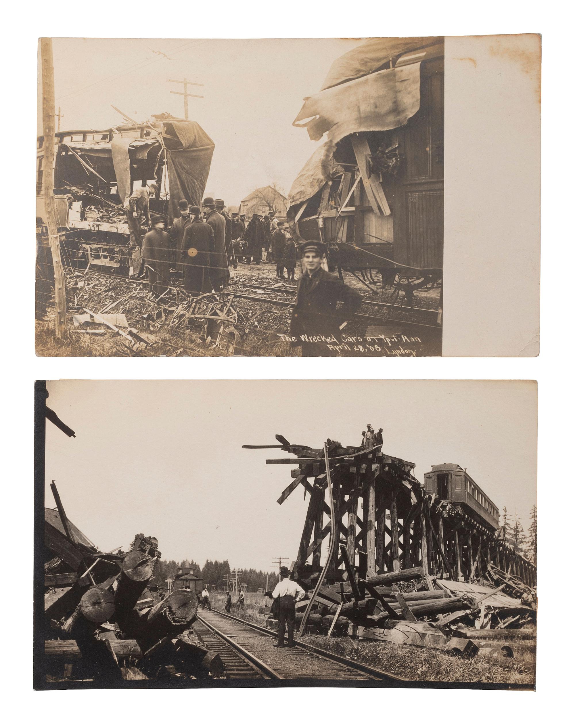 [RAILROADS]. A group of 71 RPPCs and photographs of trains, incl. train wrecks.