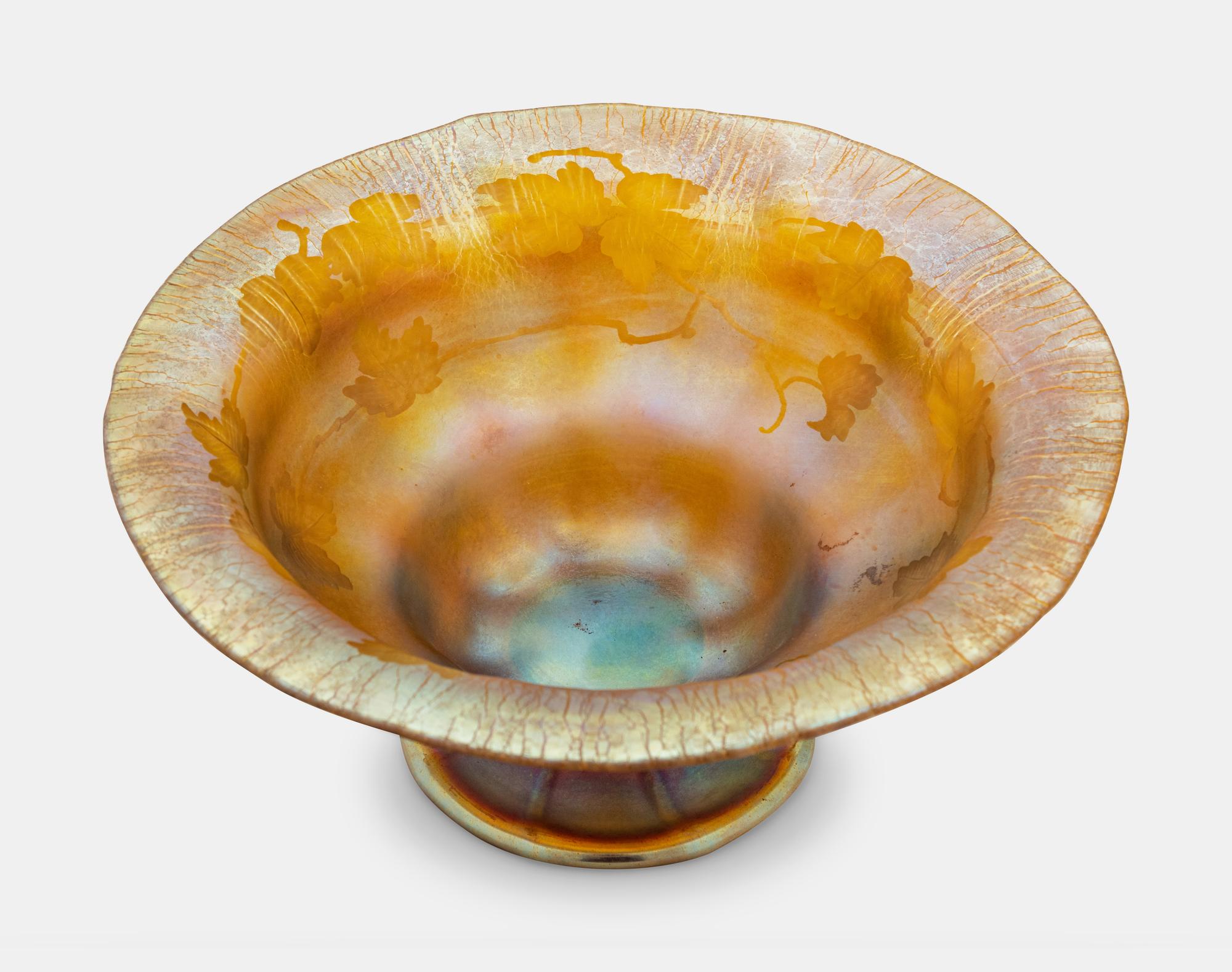 Footed Bowl with Etched Grape Leaf Interior