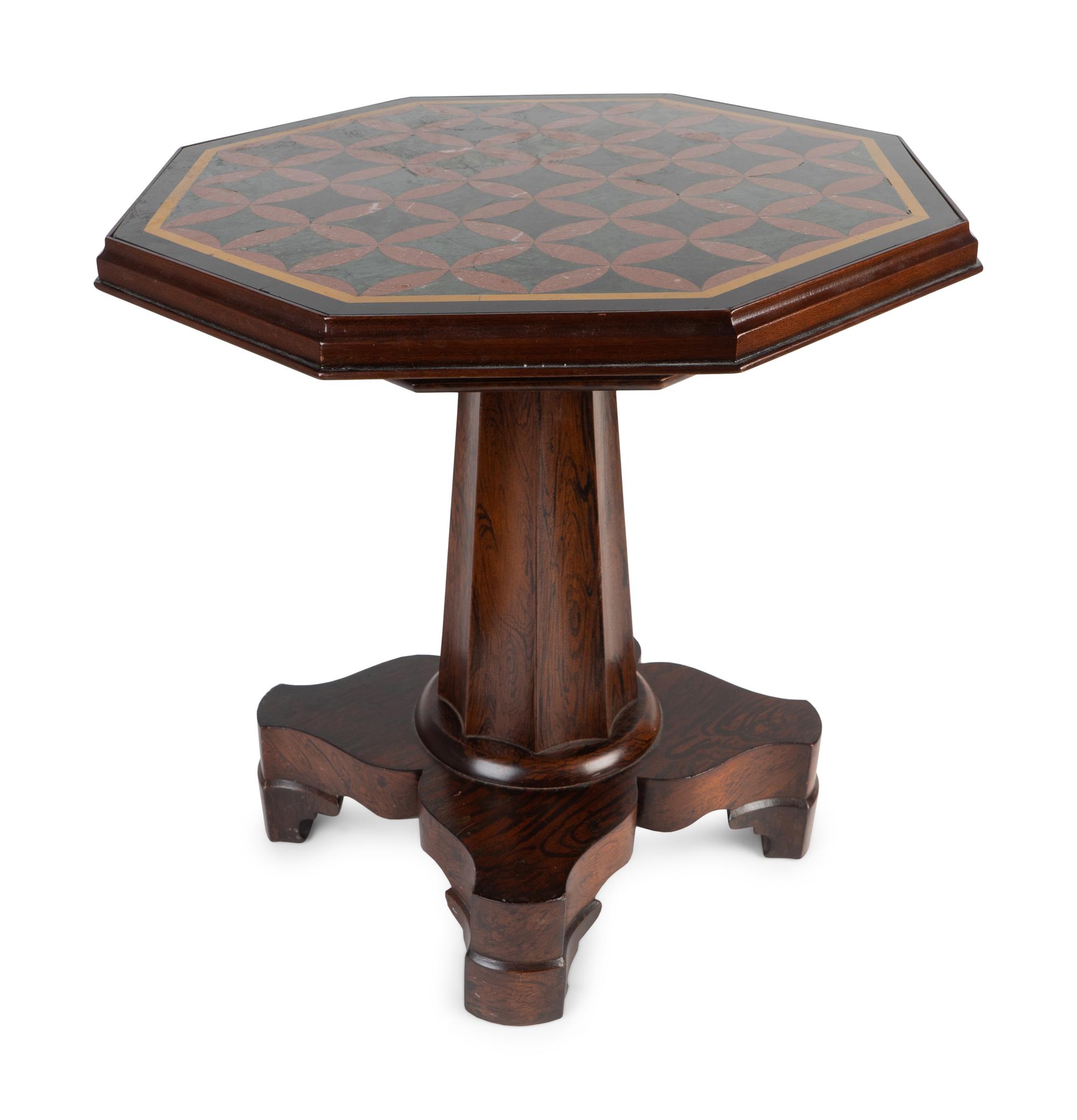 A Regency Faux-Grained Rosewood Adjustable Height Piano Stool Converted to a Table with Inset Marble Top — 19TH CENTURY