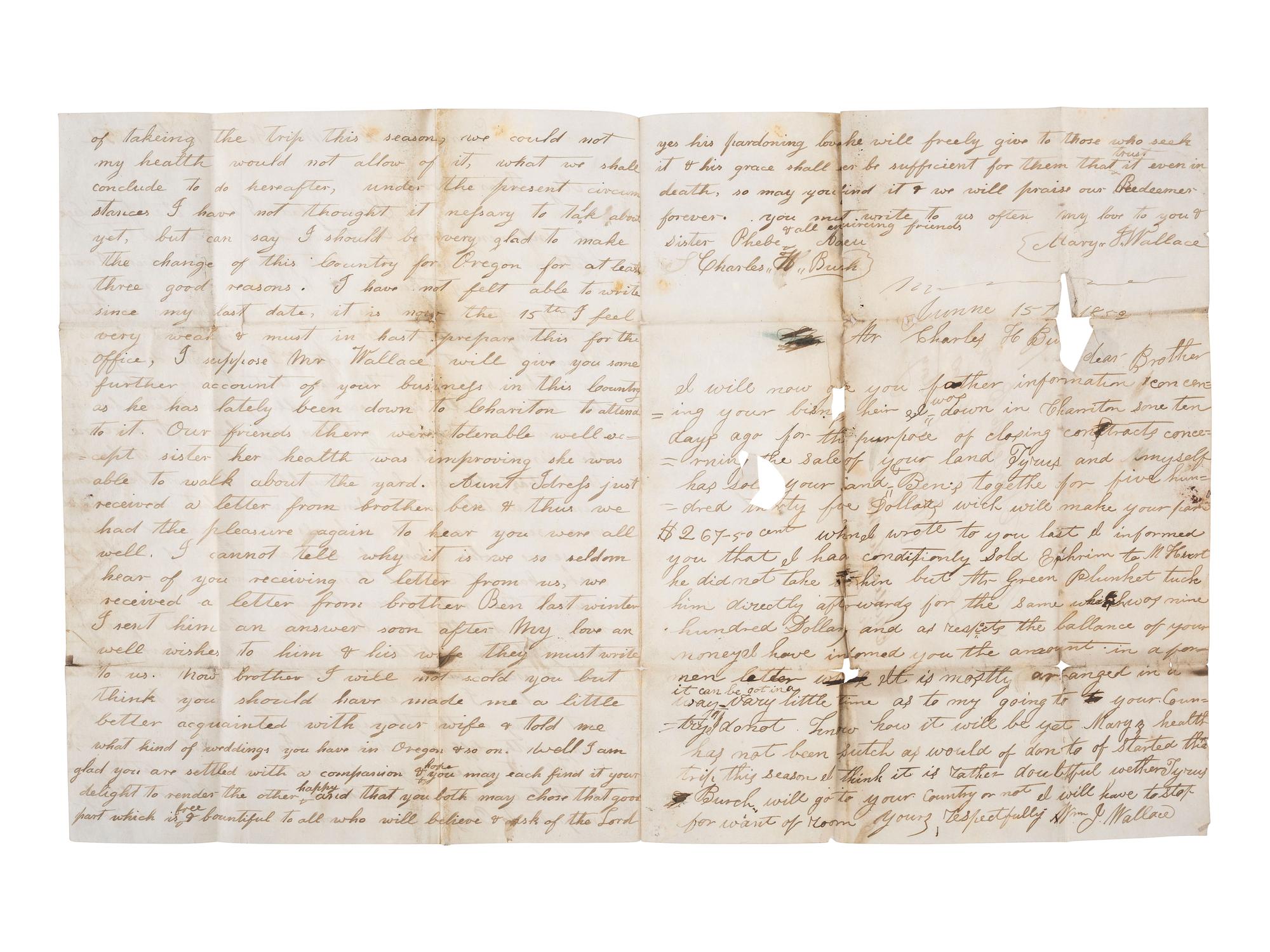 [WESTERN AMERICANA]. A group of 5 letters sent from Missouri and hand-carried along the Oregon Trail to Charles H. Burch (1828-1904), a "Pioneer of 1844" and one of Oregon's earliest settlers.