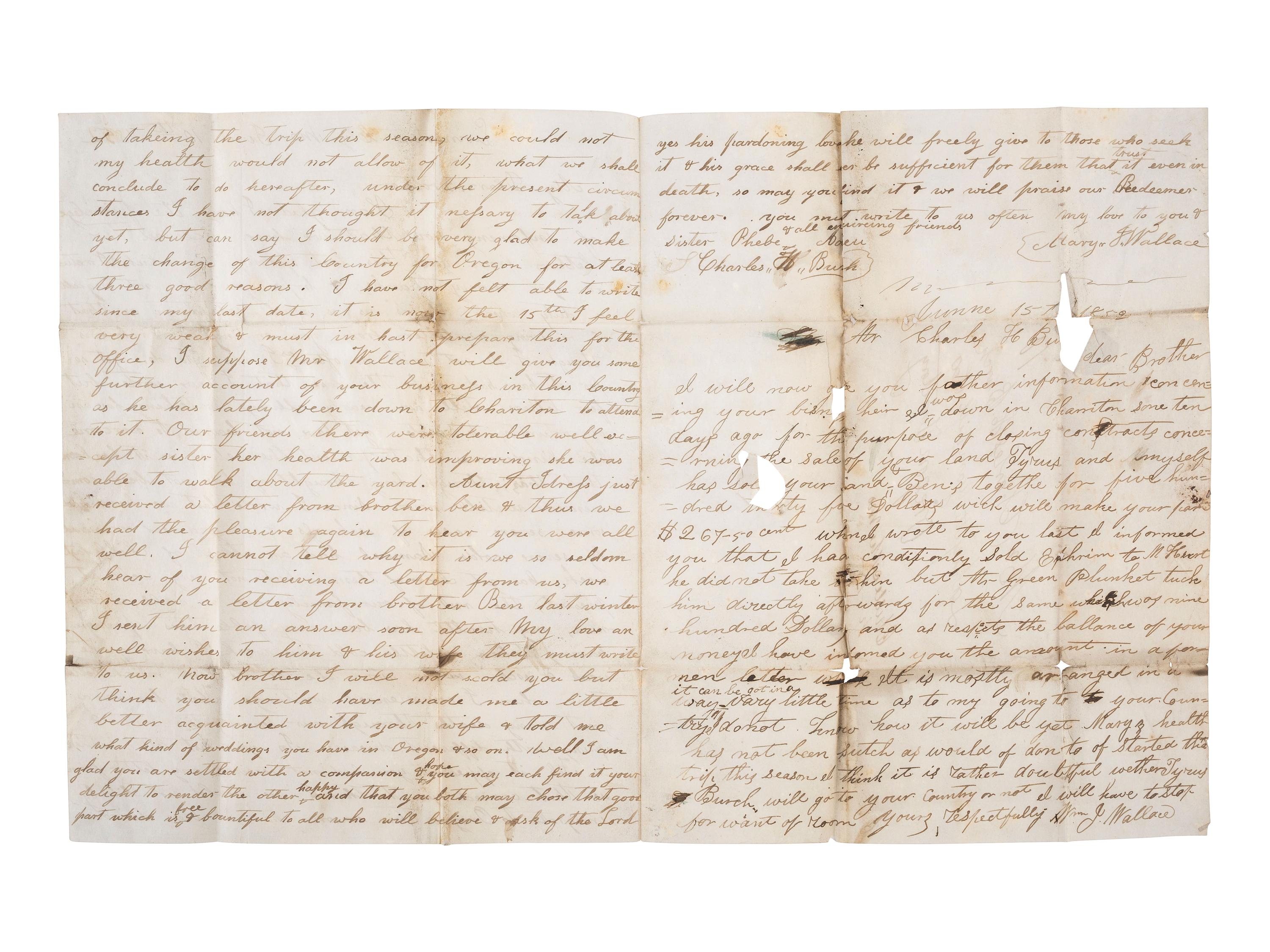 [WESTERN AMERICANA]. A group of 5 letters sent from Missouri and hand-carried along the Oregon Trail to Charles H. Burch (1828-1904), a "Pioneer of 1844" and one of Oregon's earliest settlers.