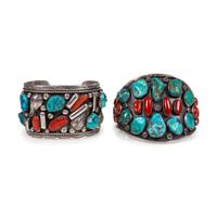 Pair of Navajo Silver, Turquoise, and Coral Cuff Bracelets