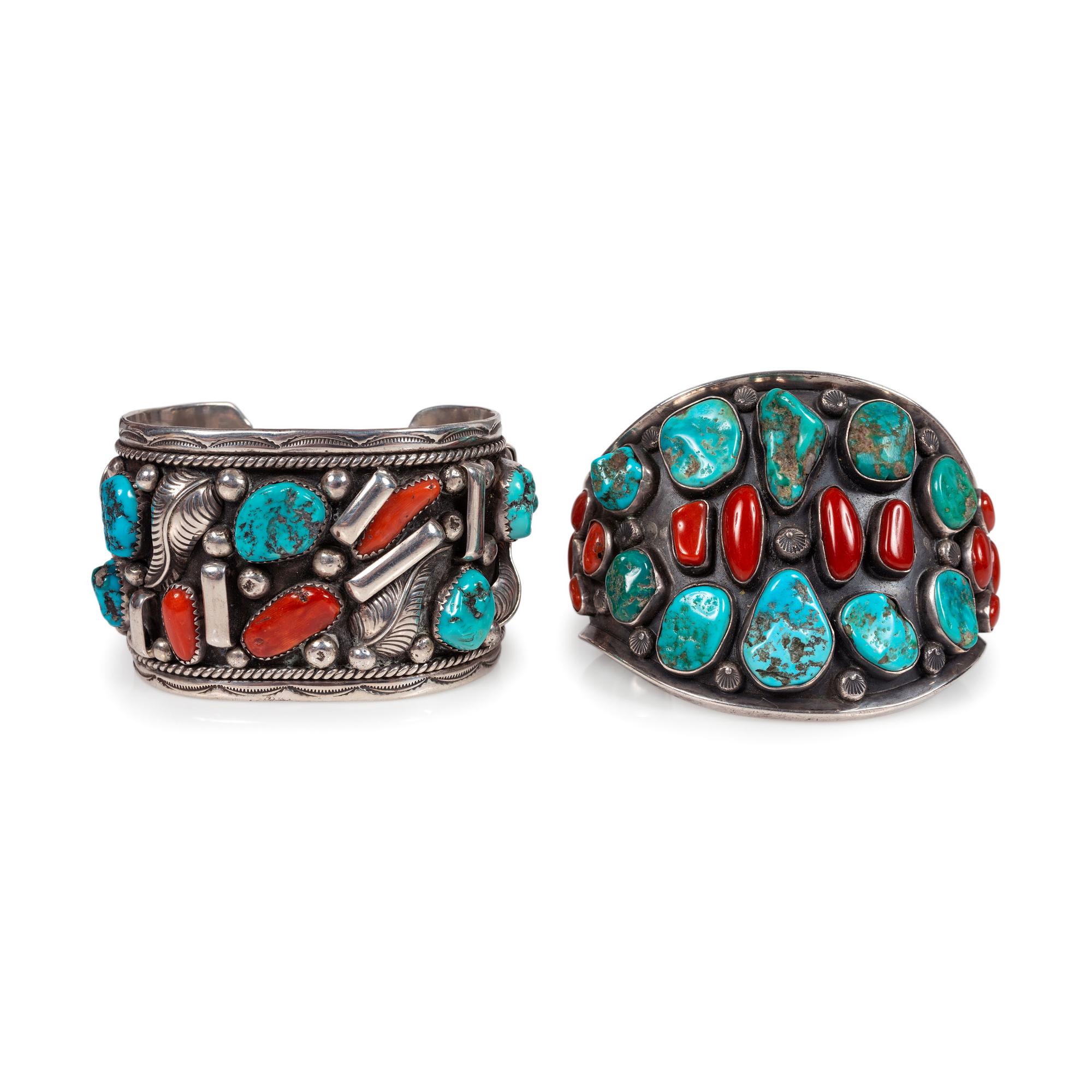 Pair of Navajo Silver, Turquoise, and Coral Cuff Bracelets