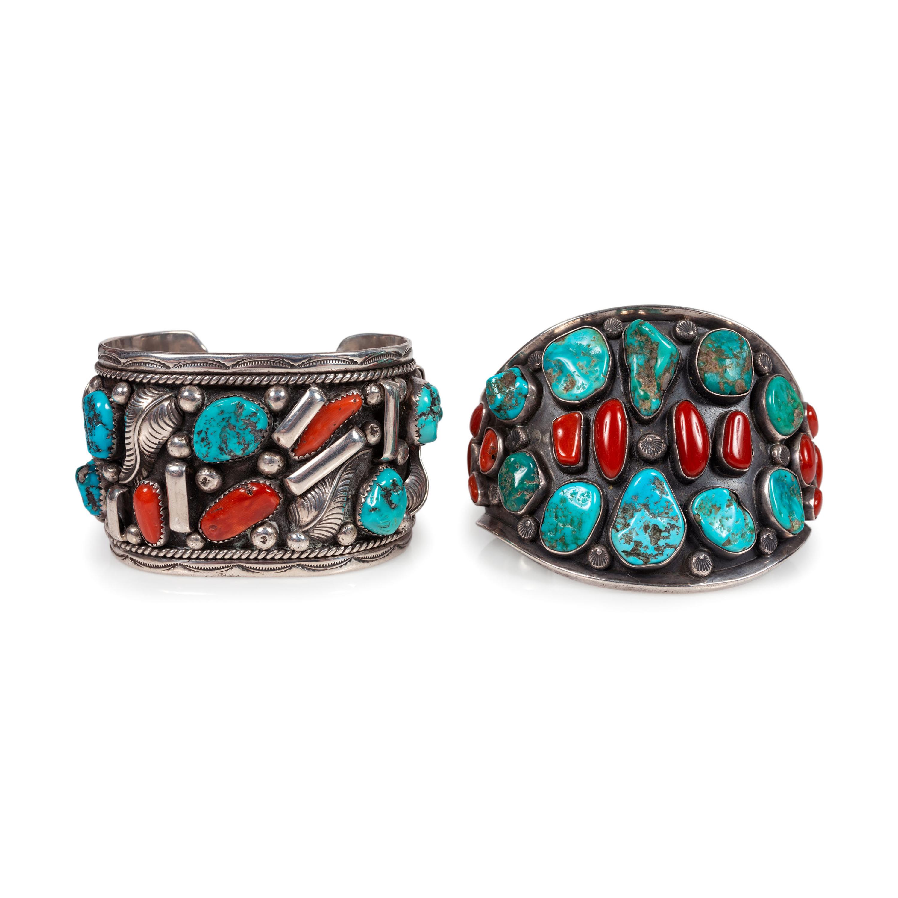Pair of Navajo Silver, Turquoise, and Coral Cuff Bracelets