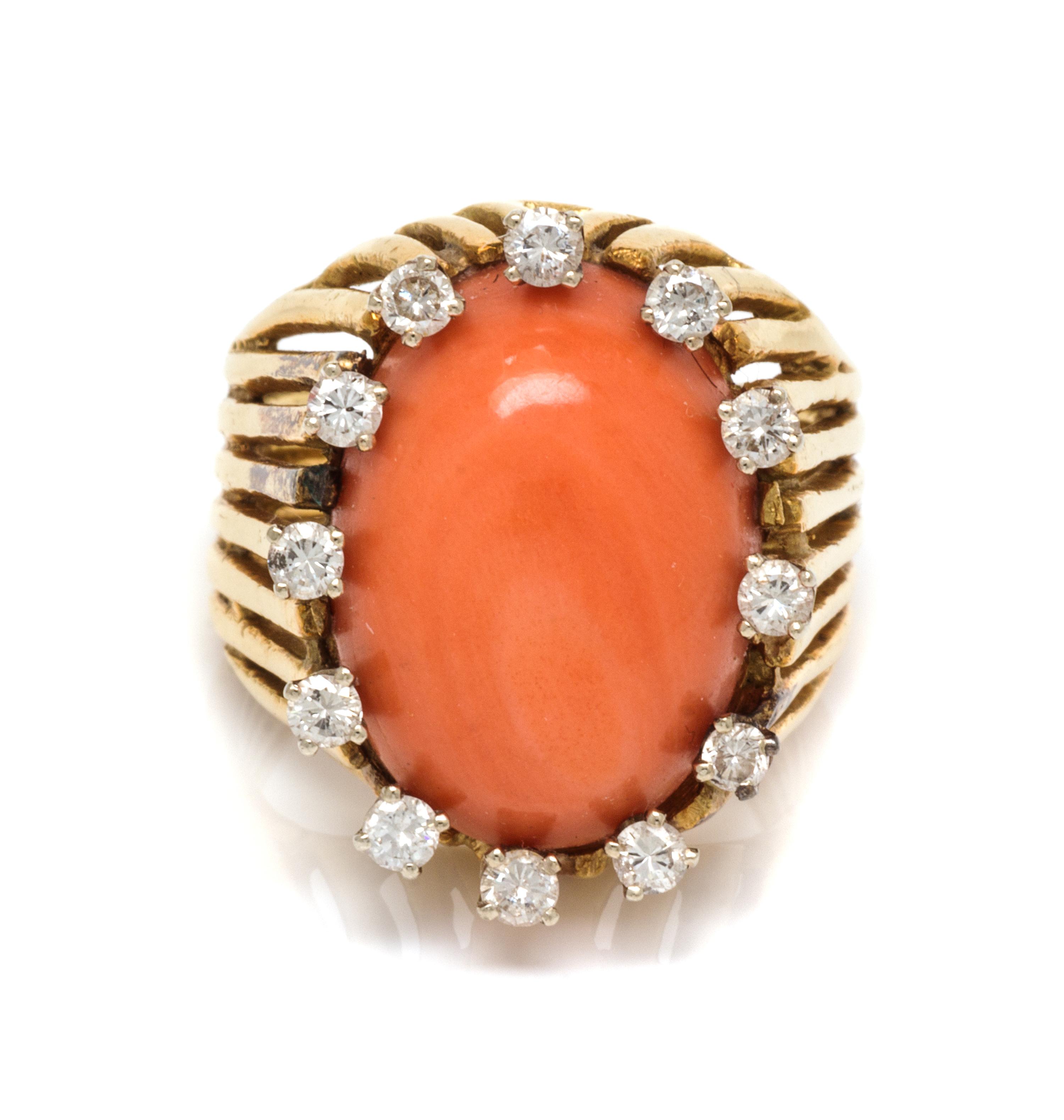A Yellow Gold, Coral and Diamond Ring, 9.50 dwts.