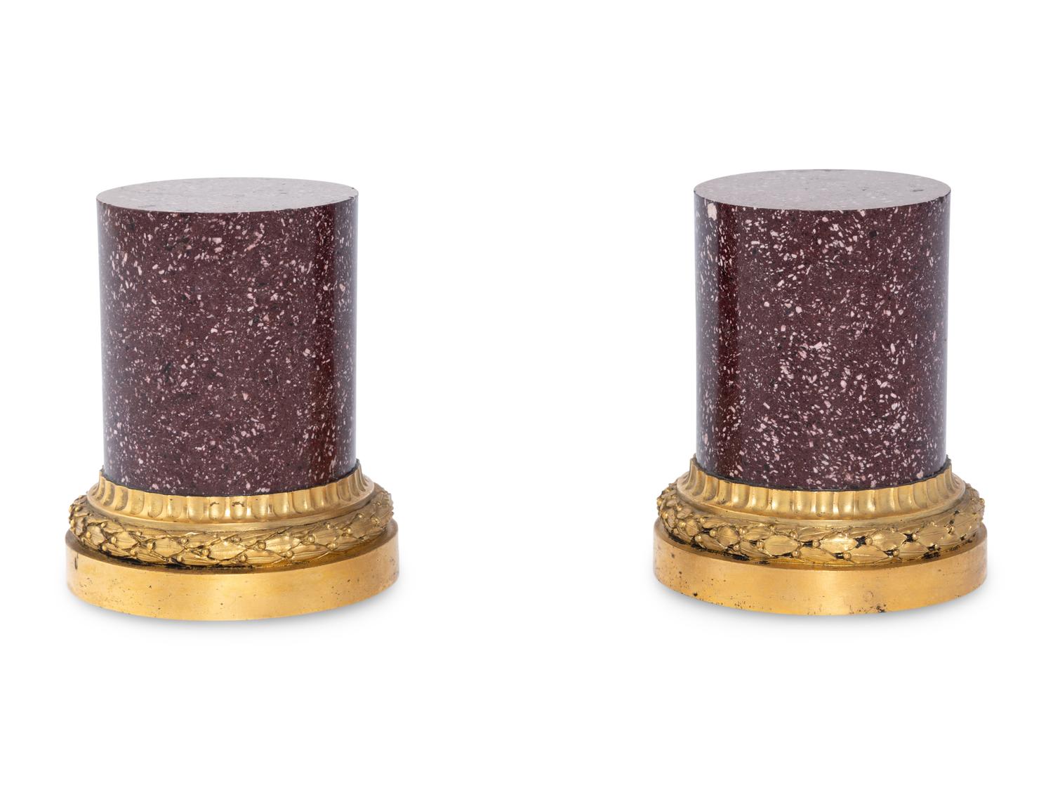 A Pair of French Gilt Bronze Mounted Porphyry Small Pedestals